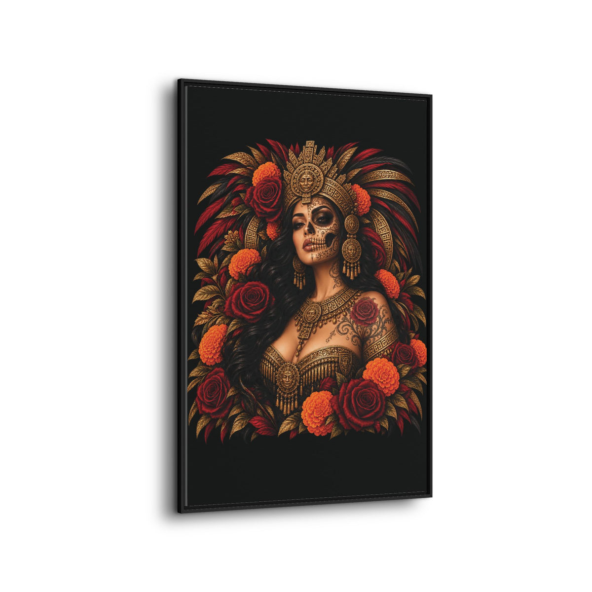 Reina Azteca: Entre Rosas y Cempasúchil | Framed Canvas Art