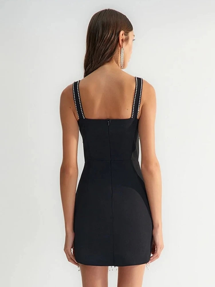 Crystal Fringe Asymmetric Mini Dress