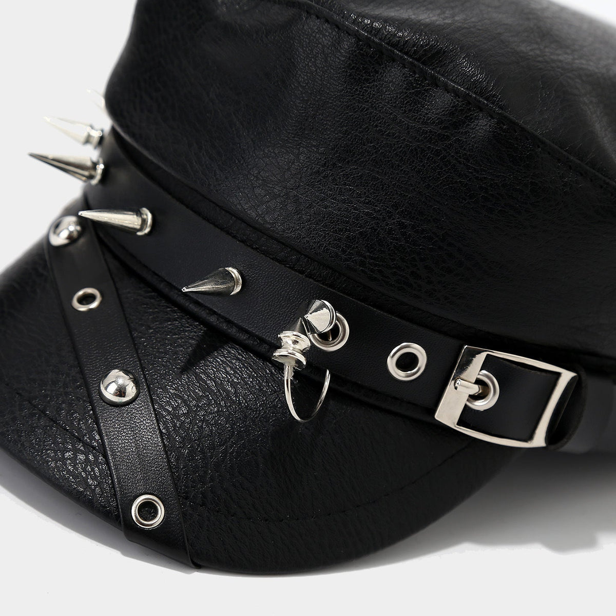 Skull-Rivet Faux-Leather Newsboy Cap
