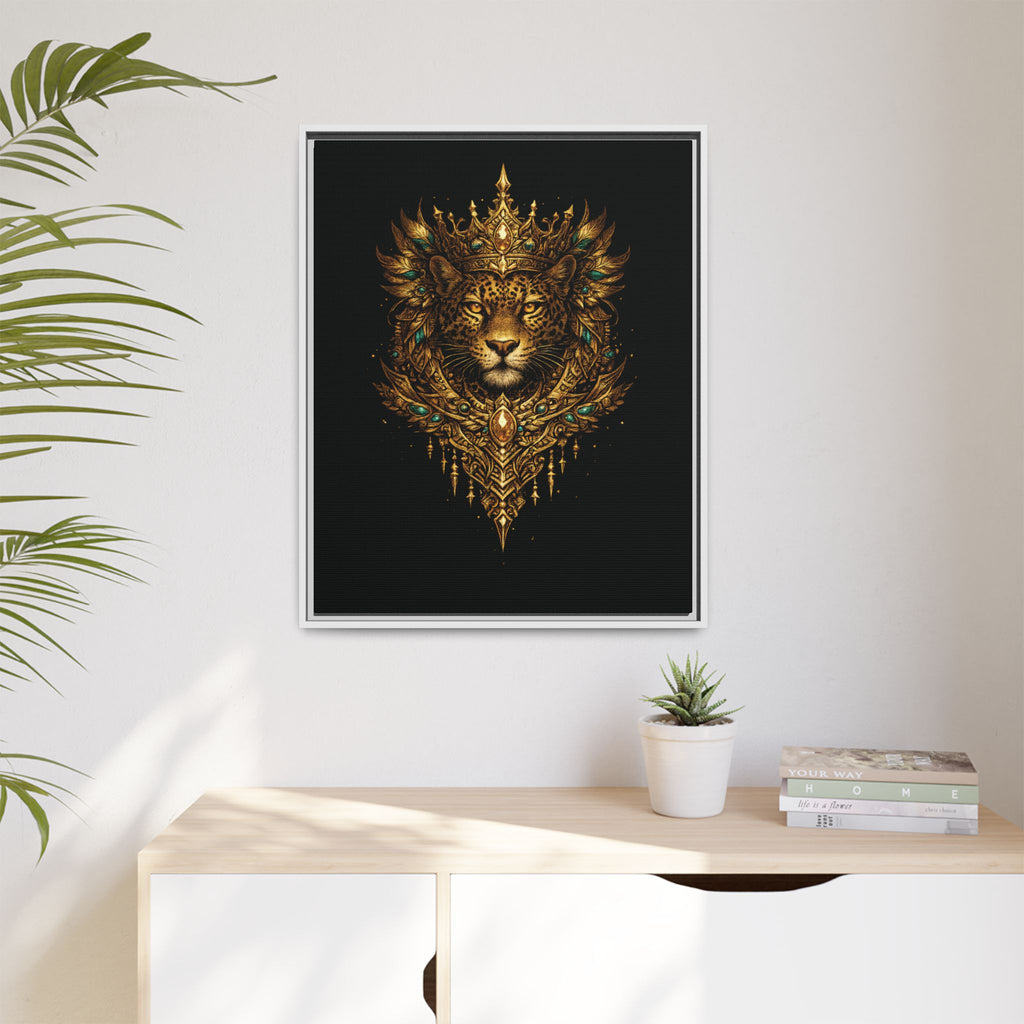 Golden Crowned Jaguar Canvas Art — Gold Crowned Lion Matte Framed Print