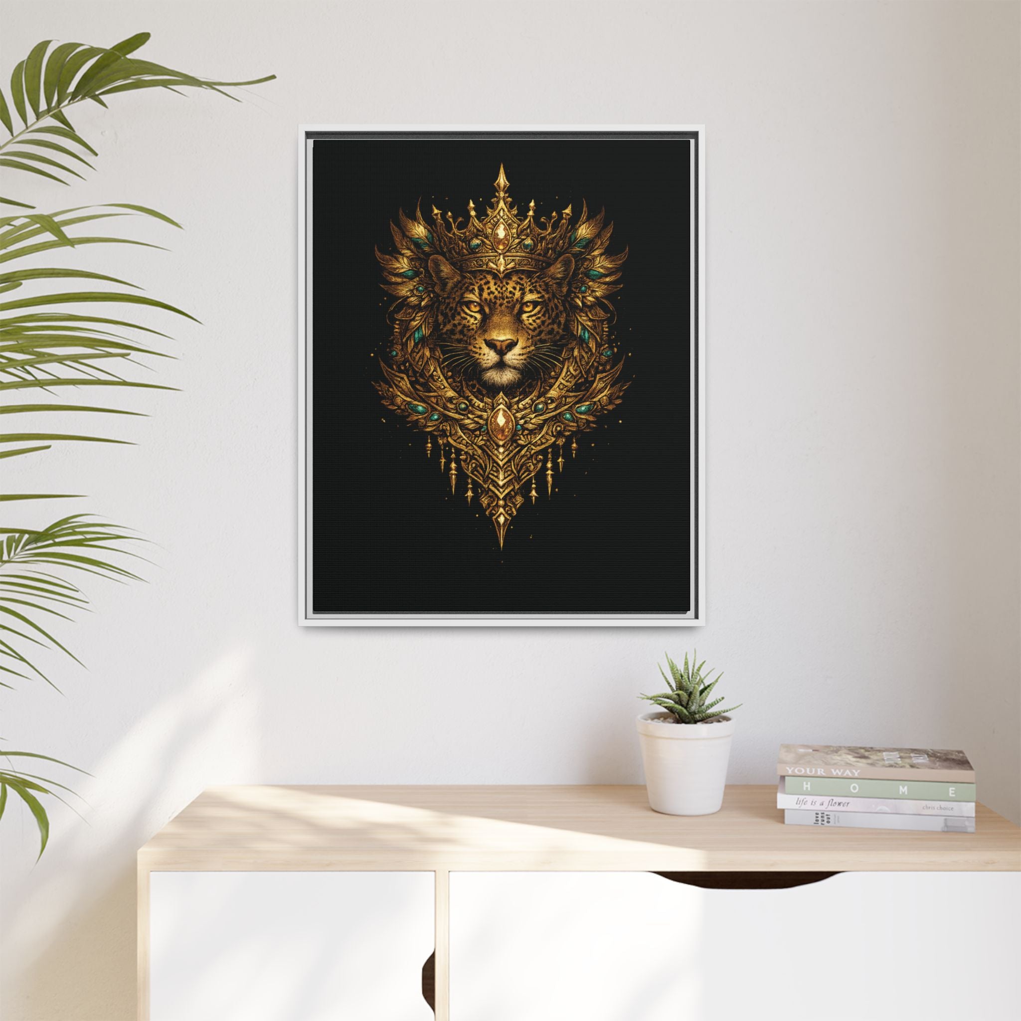 Golden Crowned Jaguar Canvas Art — Gold Crowned Lion Matte Framed Print