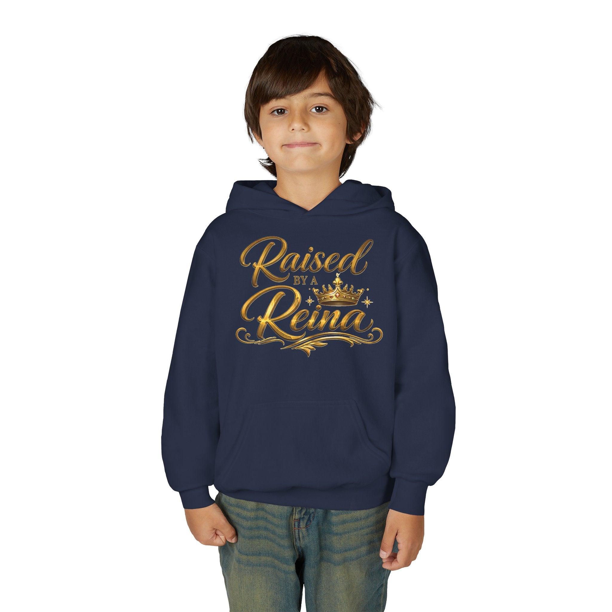 Raised by a Reina Hoodie | Gold Script Crown Youth Hoodie