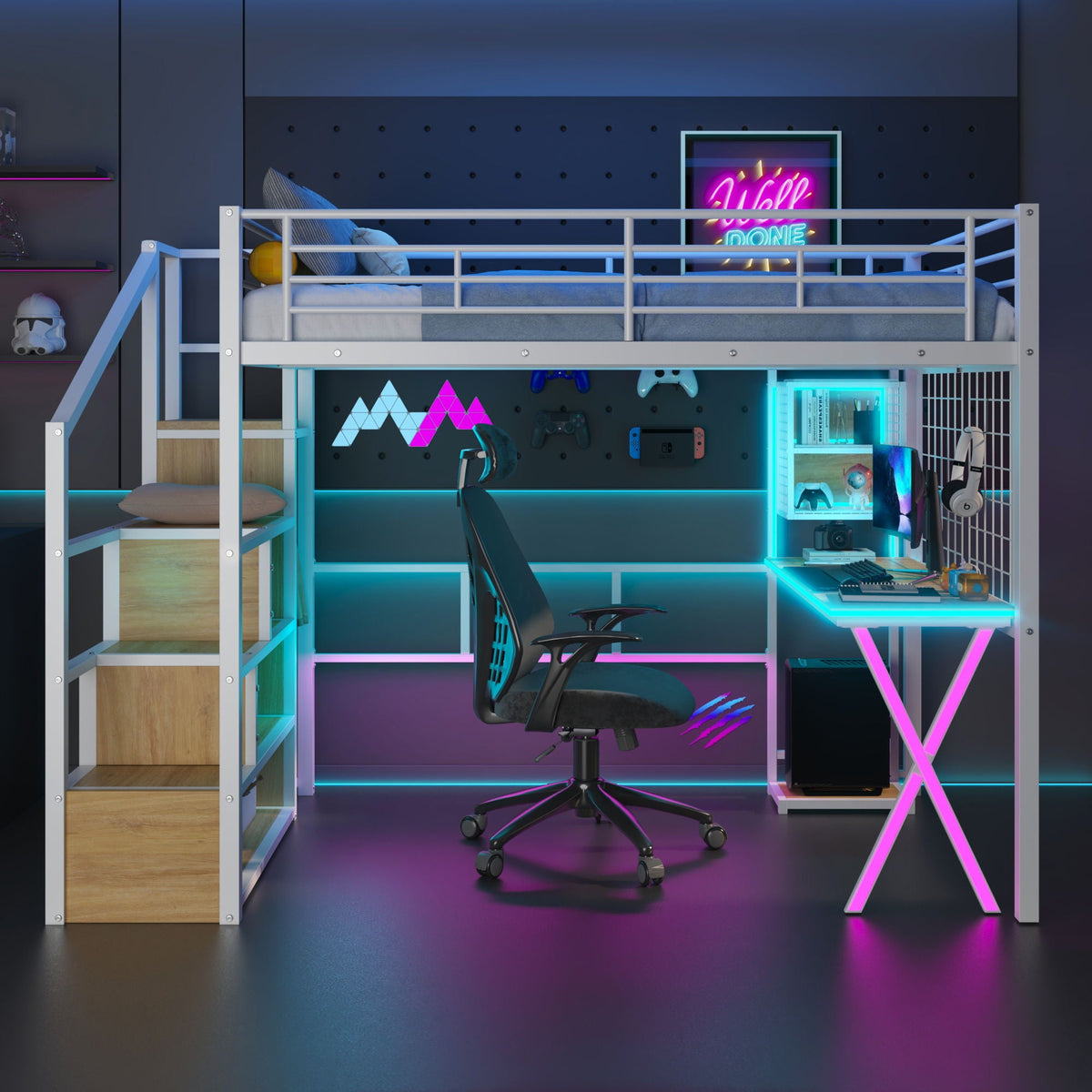 Loft Bed with Built-In Work Station, Wardrobe & Storage Staircase – White or Black