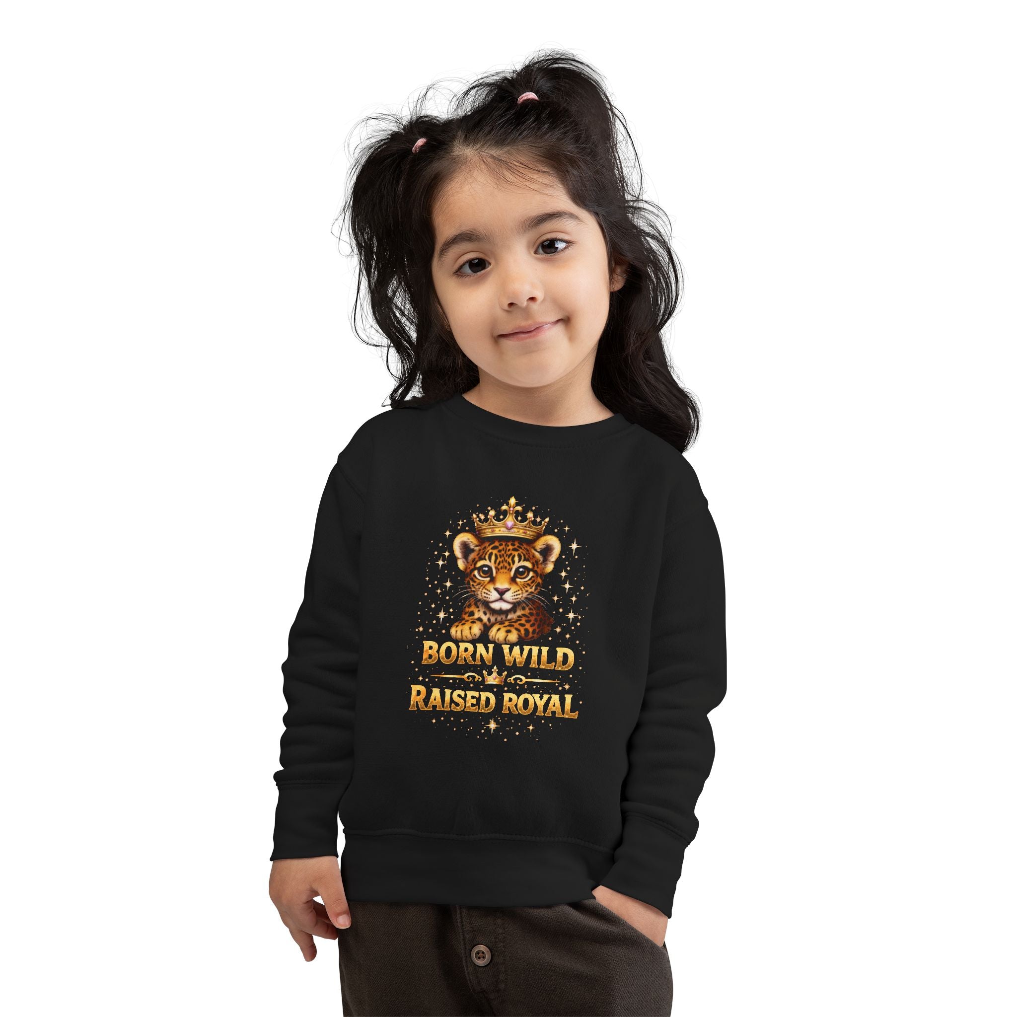 Toddler Sweatshirt - "Born Wild Raised Royal" Jaguar Cub Crowned Crewneck