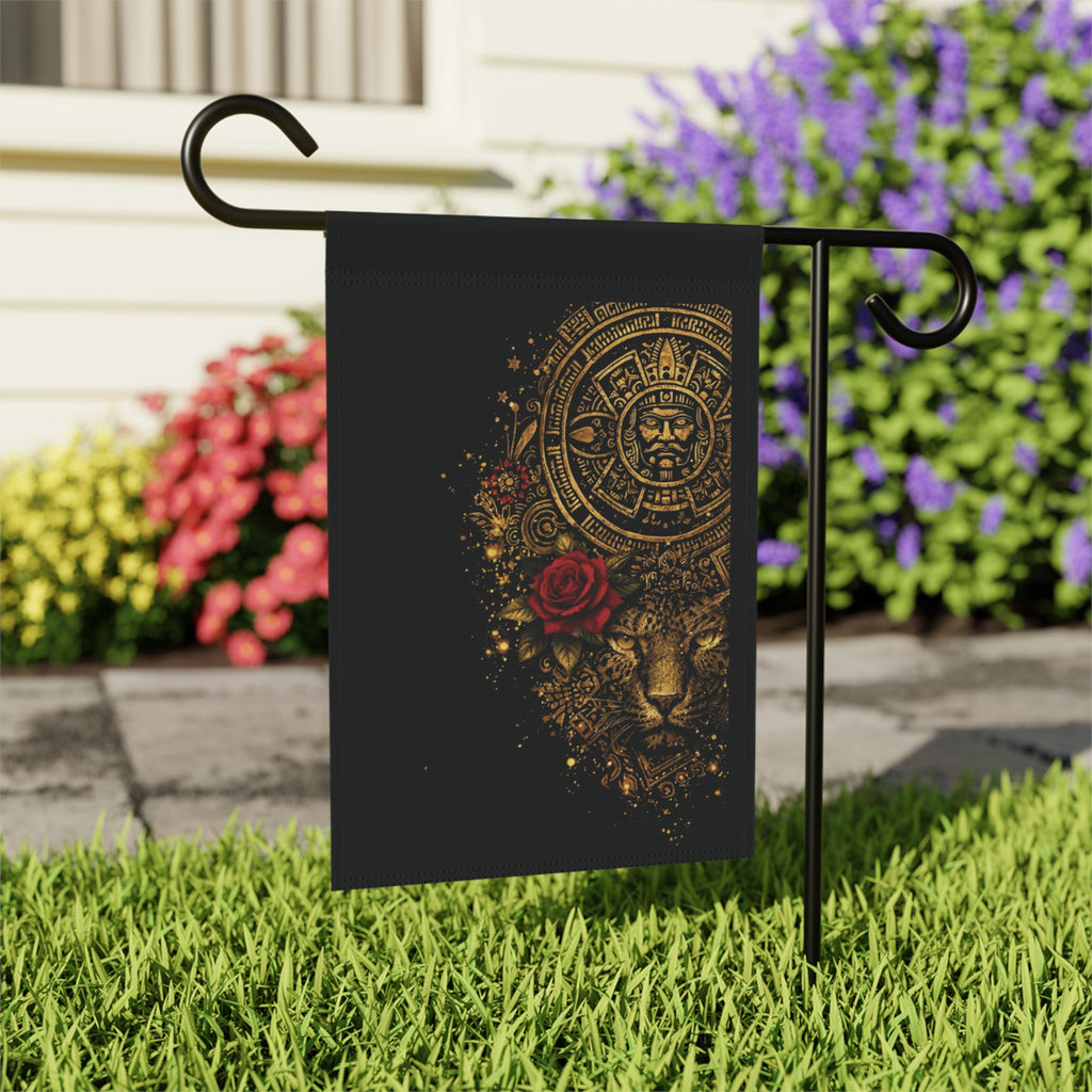 Garden Flag — Golden Aztec Jaguar with Red Rose Decorative House Banner
