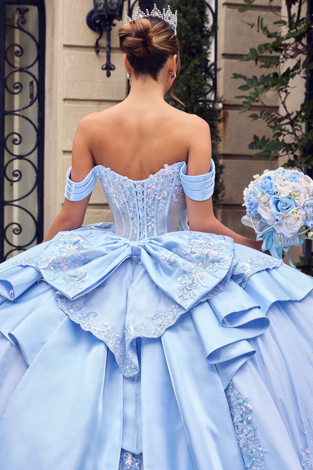 Off-Shoulder Quinceanera Ball Gown 15745 with Beaded Corset, Overskirt Bow & Lace-Up Back