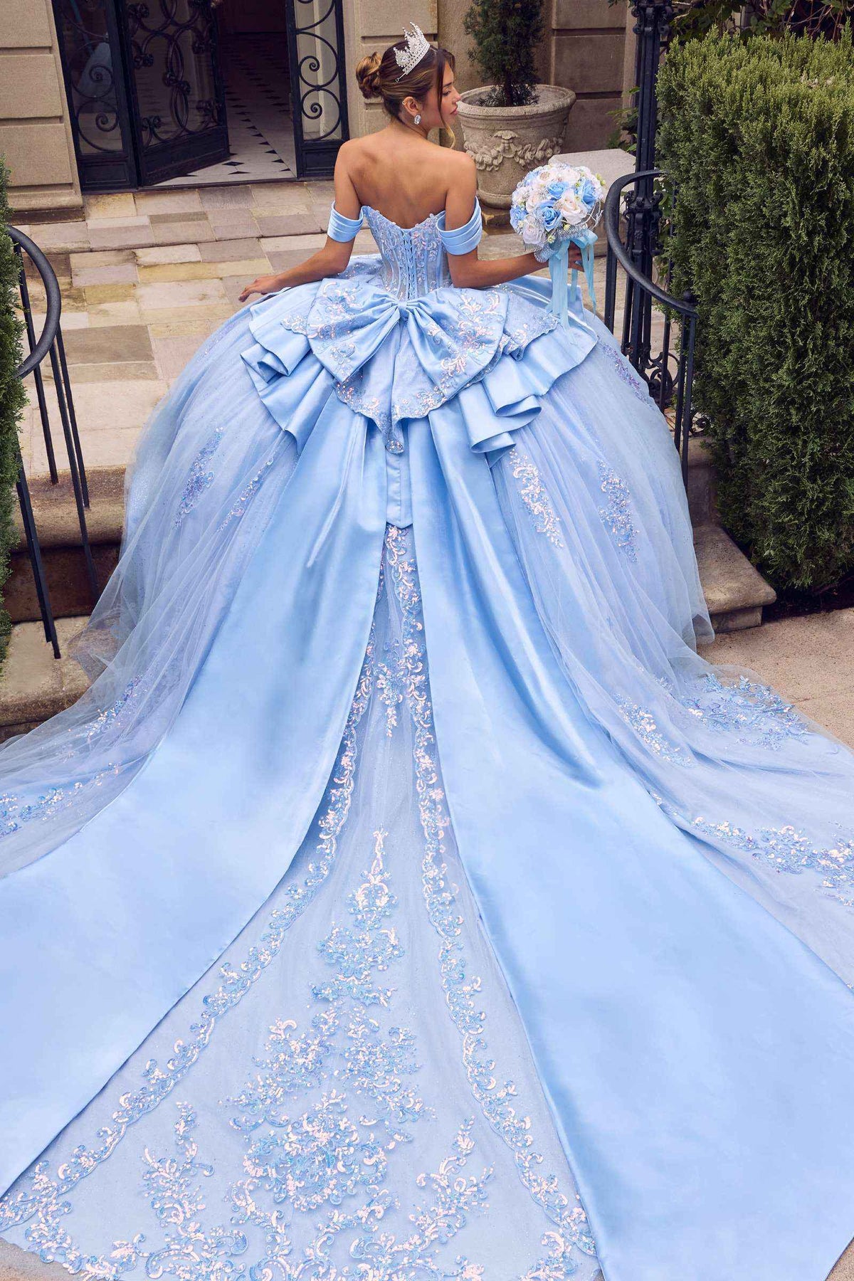 Off-Shoulder Quinceanera Ball Gown 15745 with Beaded Corset, Overskirt Bow & Lace-Up Back