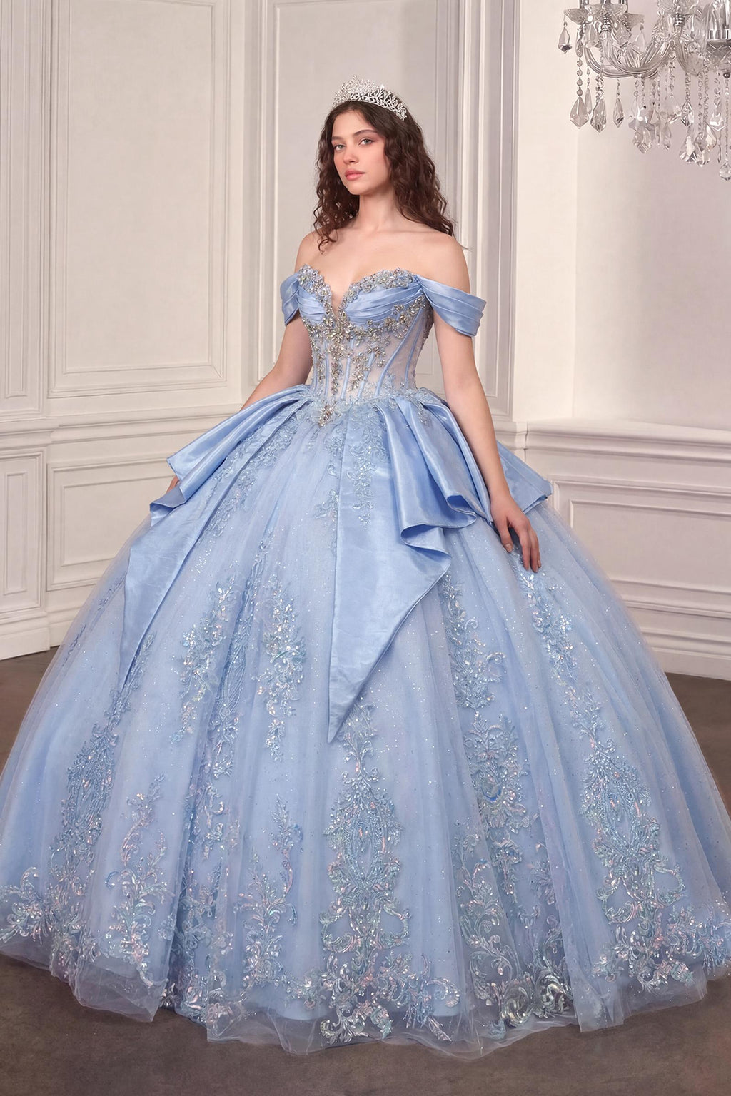 Off-Shoulder Quinceanera Ball Gown 15745 with Beaded Corset, Overskirt Bow & Lace-Up Back