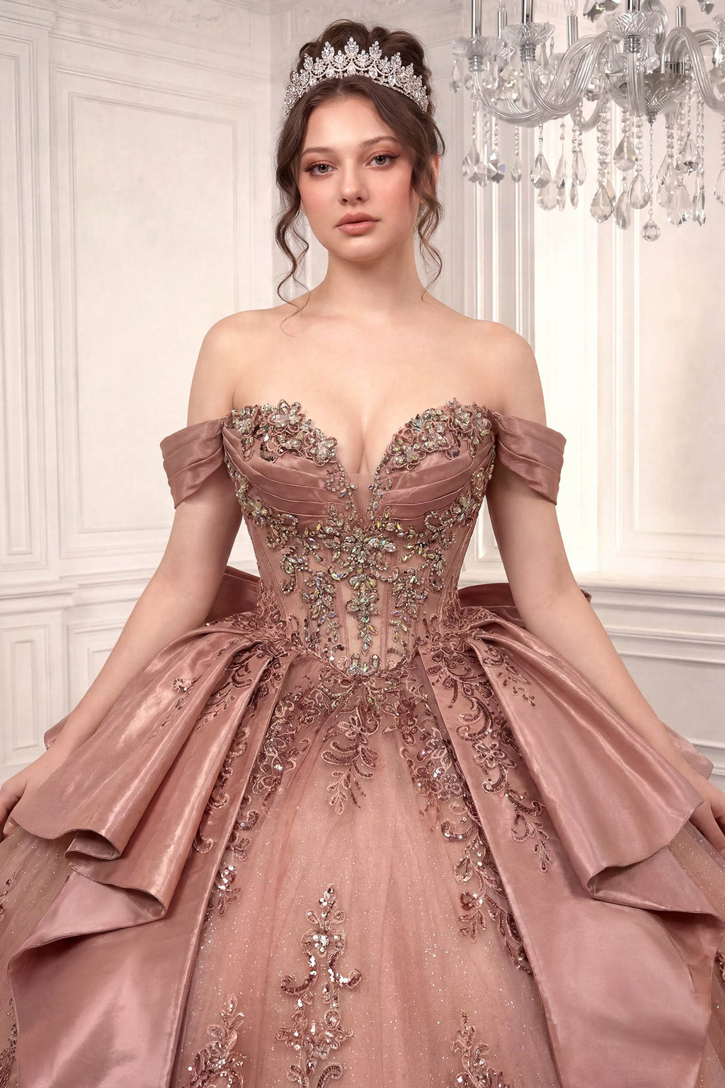 Off-Shoulder Quinceanera Ball Gown 15745 with Beaded Corset, Overskirt Bow & Lace-Up Back