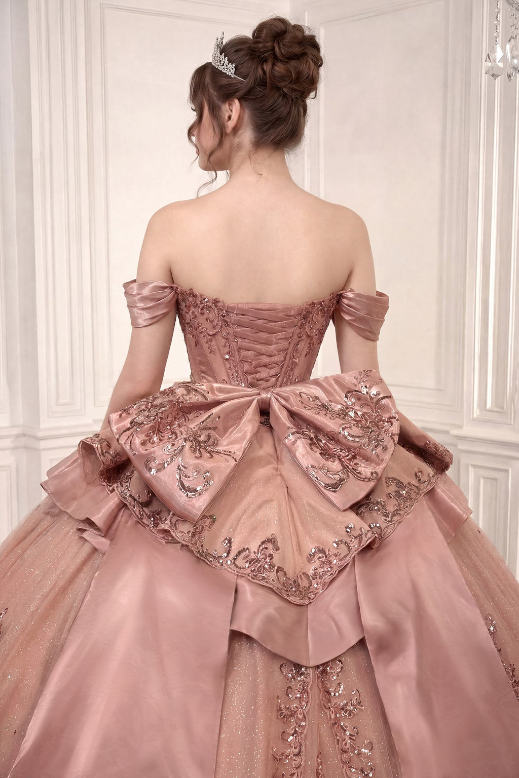 Off-Shoulder Quinceanera Ball Gown 15745 with Beaded Corset, Overskirt Bow & Lace-Up Back