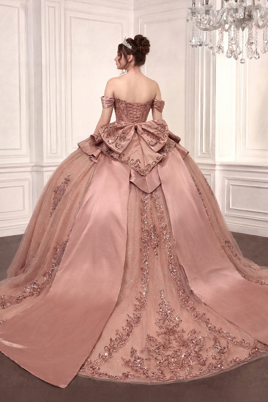 Off-Shoulder Quinceanera Ball Gown 15745 with Beaded Corset, Overskirt Bow & Lace-Up Back