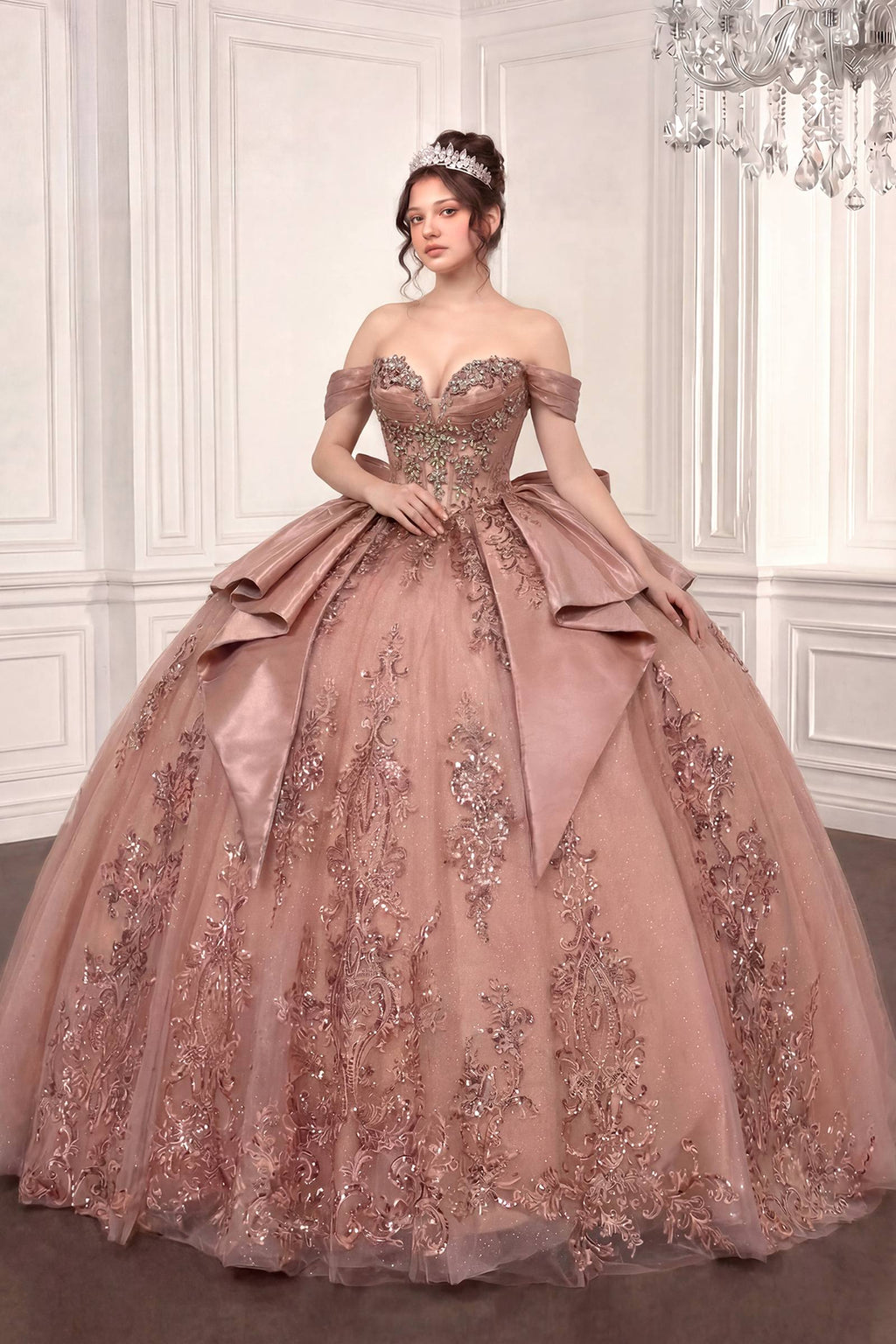 Off-Shoulder Quinceanera Ball Gown 15745 with Beaded Corset, Overskirt Bow & Lace-Up Back