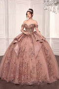 Off-Shoulder Quinceanera Ball Gown 15745 with Beaded Corset, Overskirt Bow & Lace-Up Back
