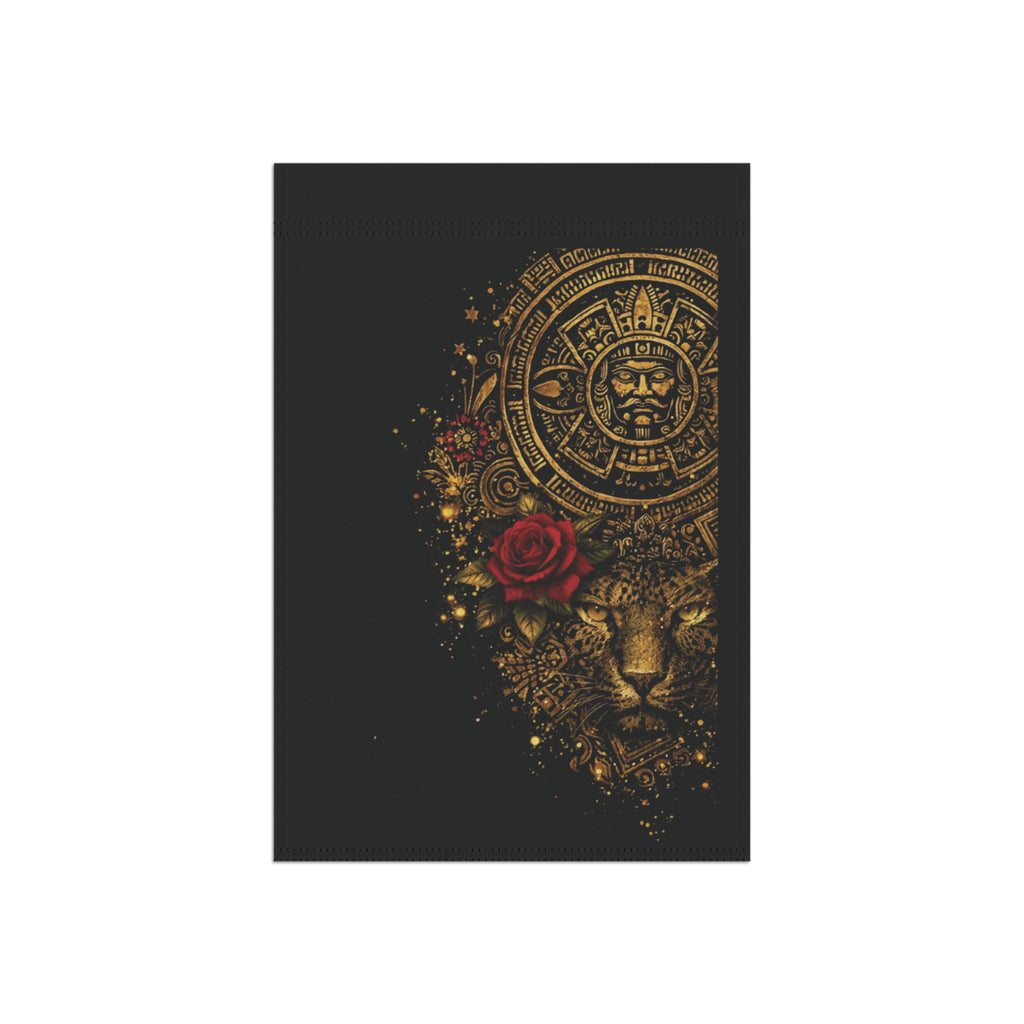 Garden Flag — Golden Aztec Jaguar with Red Rose Decorative House Banner