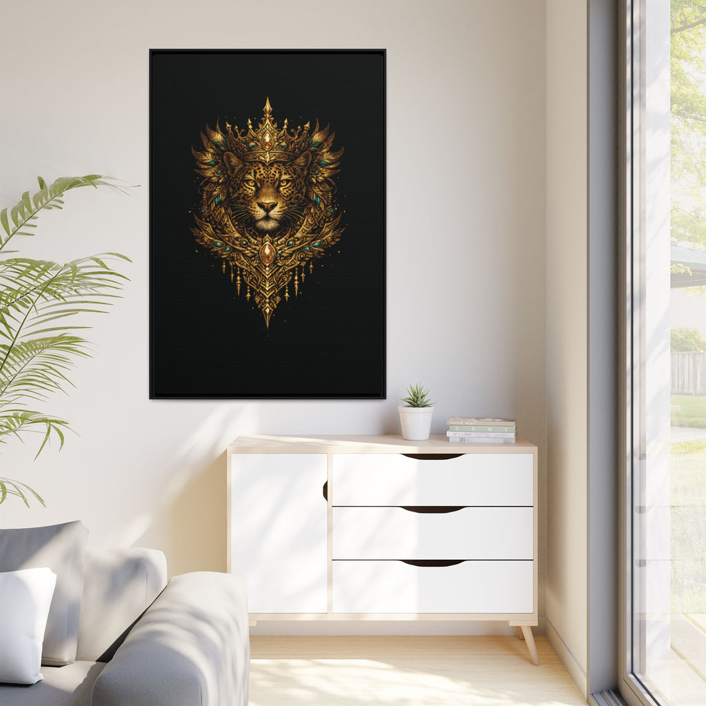 Golden Crowned Jaguar Canvas Art — Gold Crowned Lion Matte Framed Print
