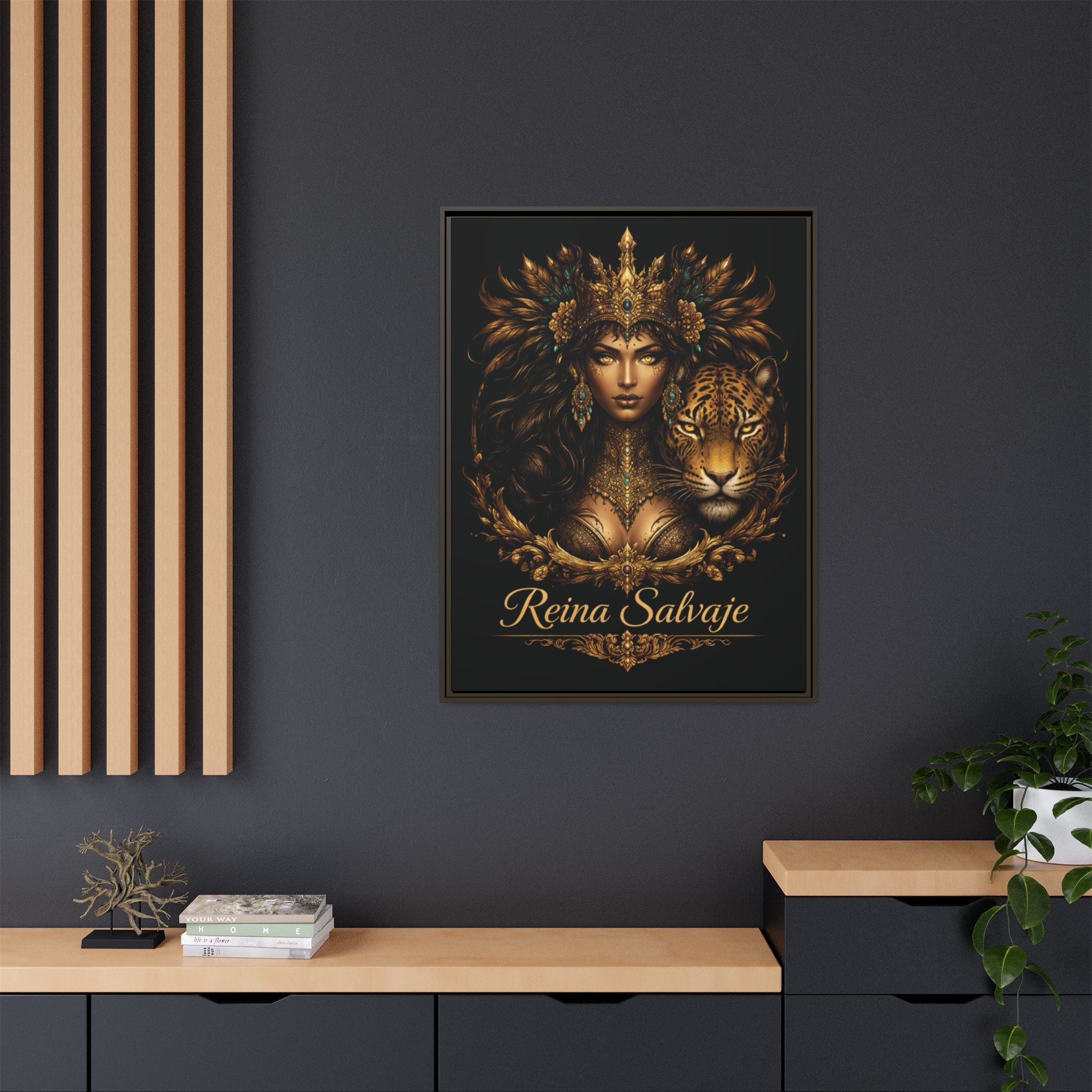 Reina Salvaje Matte Framed Canvas Art — Golden Goddess & Tiger Wall Decor