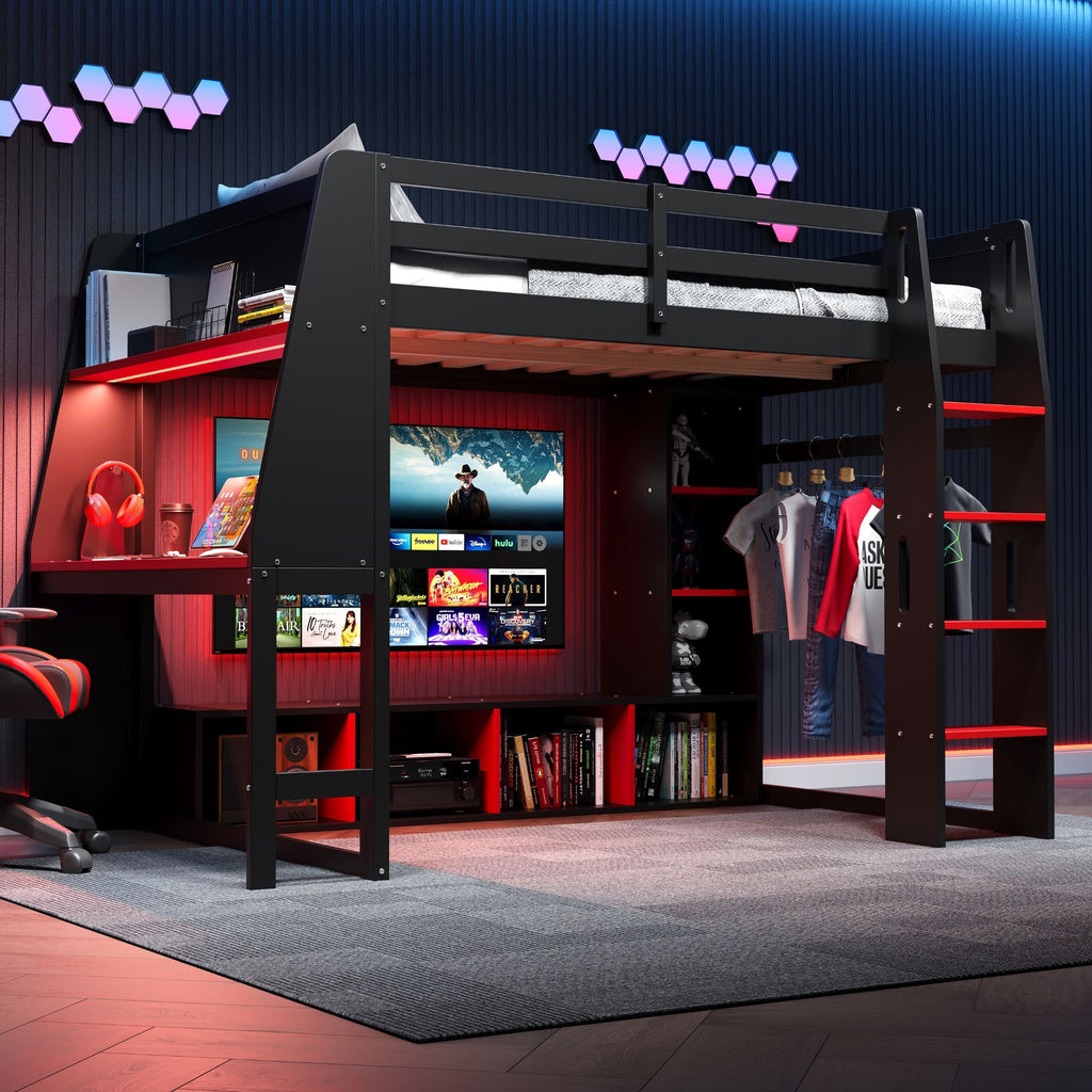 Gaming Loft Bed with Desk and Storage Shelves – LED Lighting – Black or Dark Gray