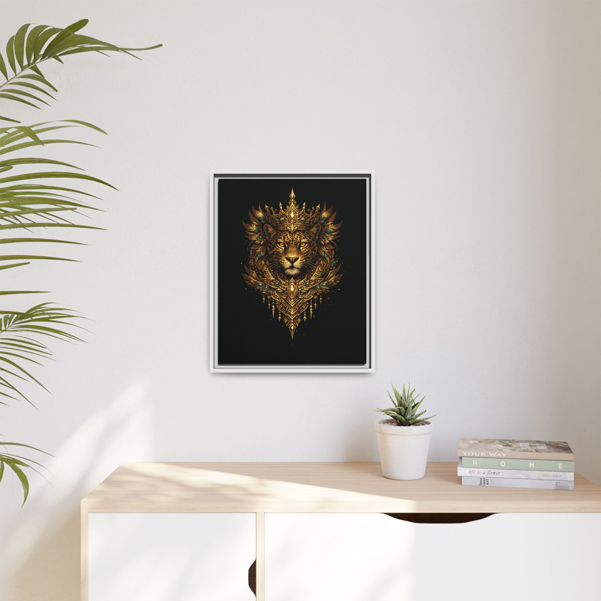 Golden Crowned Jaguar Canvas Art — Gold Crowned Lion Matte Framed Print
