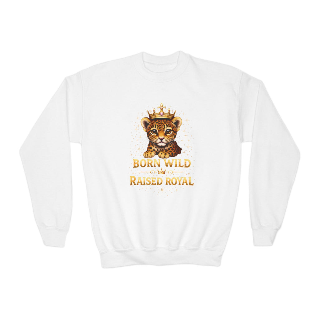 Youth Crewneck Sweatshirt — "Born Wild Raised Royal" Jaguar Cub Graphic