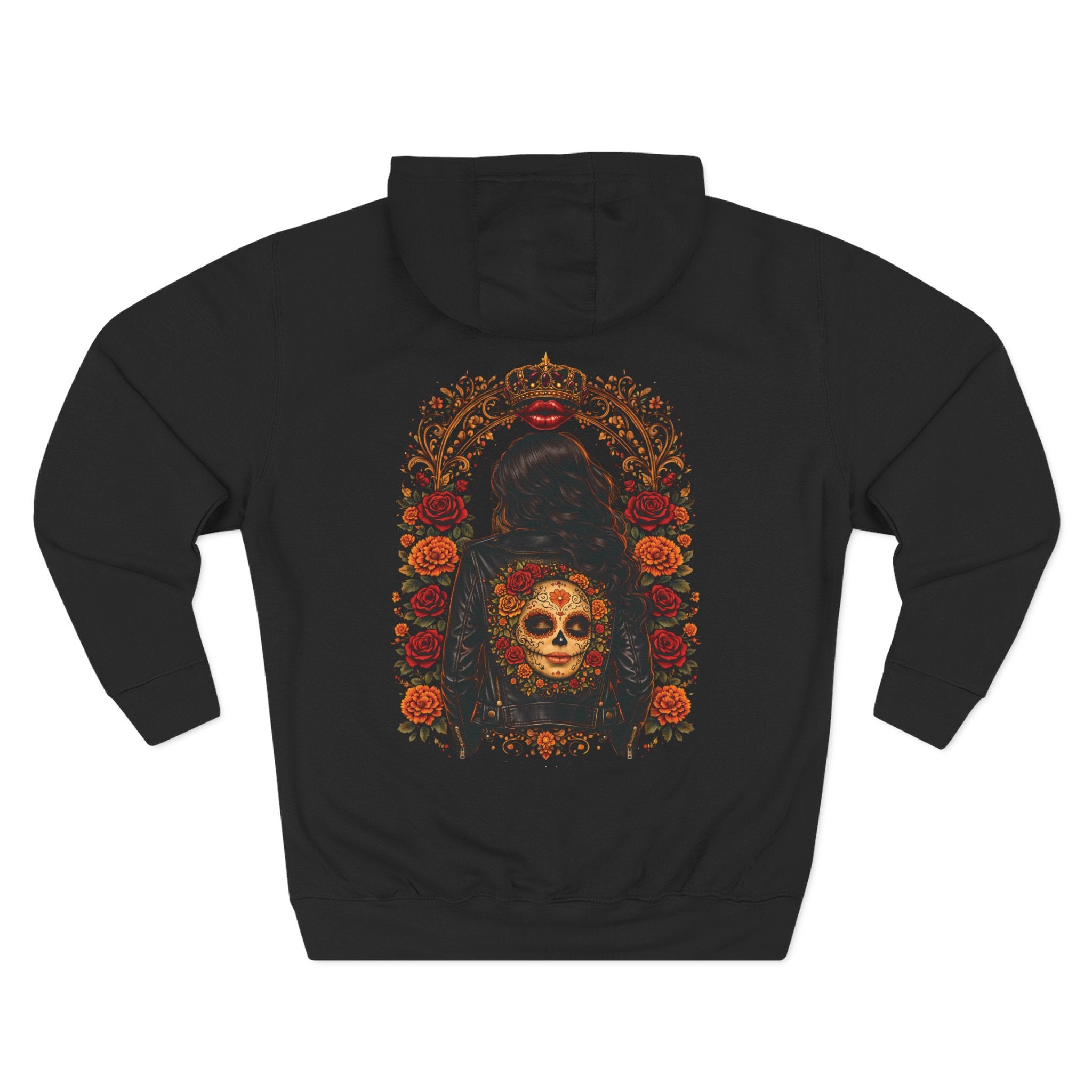 Day of the Dead Skull Backprint Hoodie — Sugar Skull Crown Floral Design
