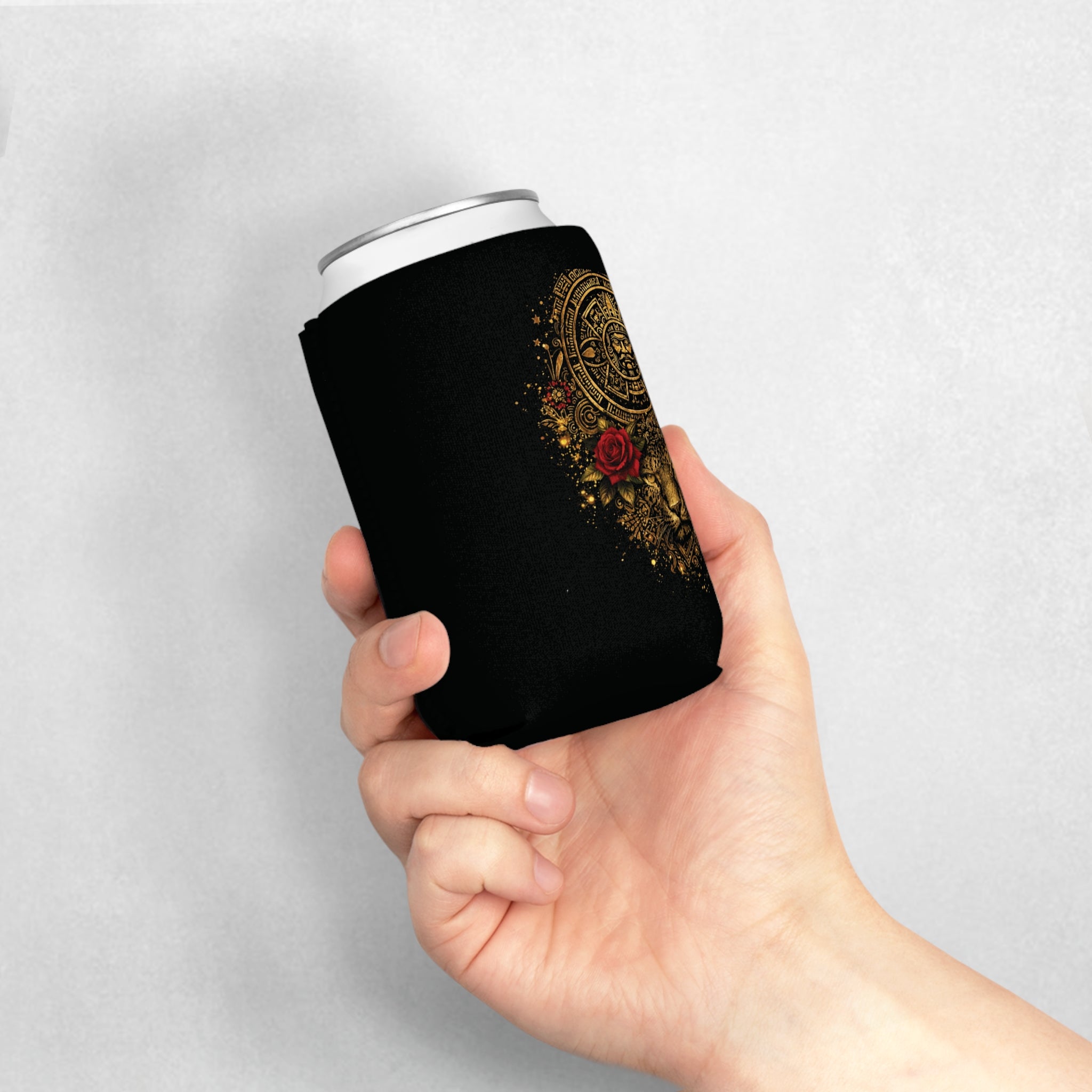Can Cooler Sleeve — Gold Aztec Jaguar with Rose Can Cooler