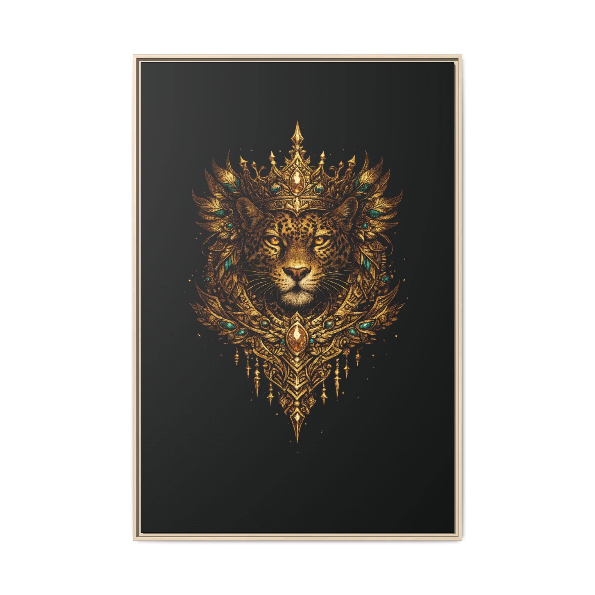 Golden Crowned Jaguar Canvas Art — Gold Crowned Lion Matte Framed Print