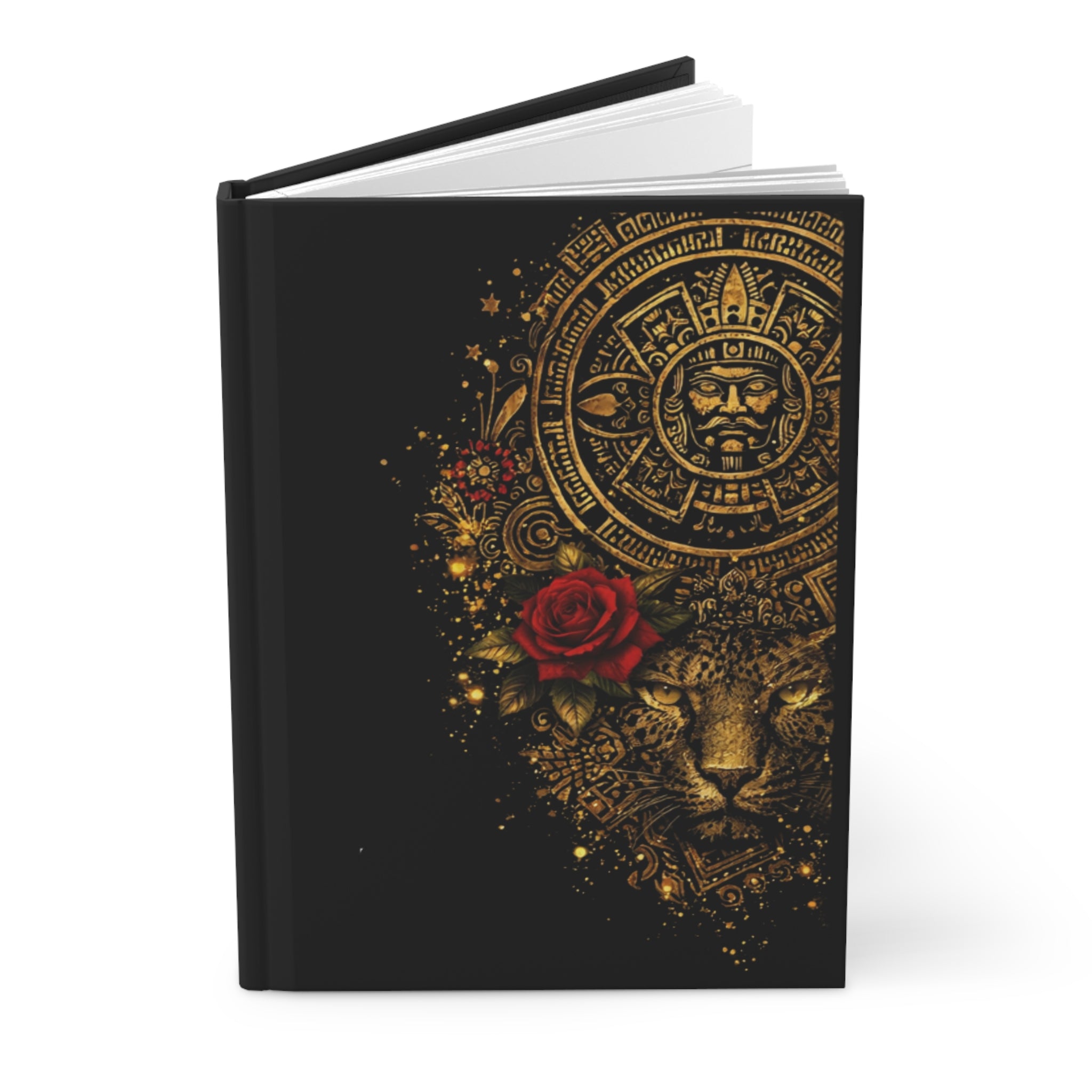 Aztec Lion & Red Rose Hardcover Journal — Gold Ornamental Sketchbook