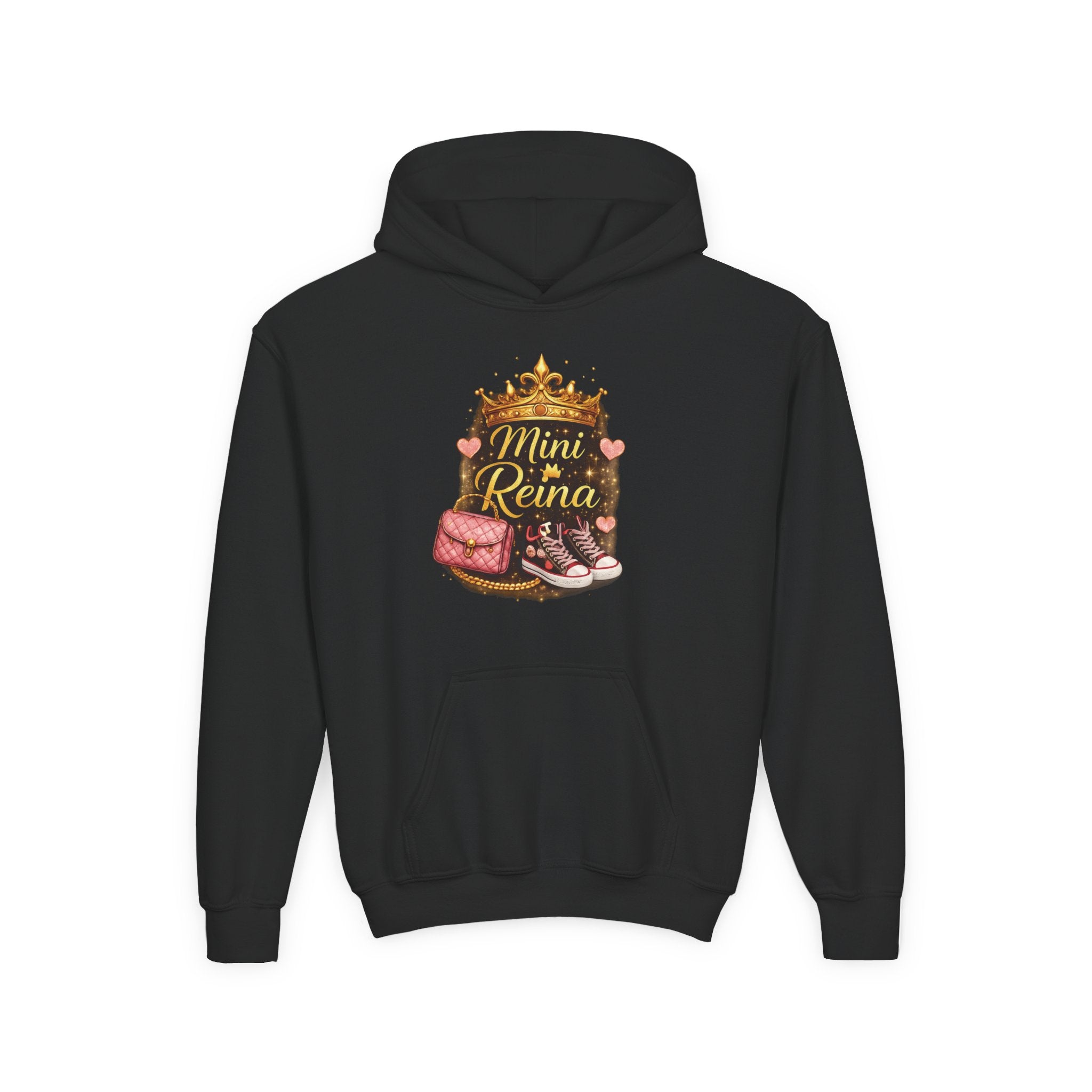 Youth Hoodie — "Mini Reina" Crown & Sneakers Graphic