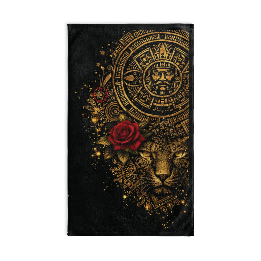 Reina Azteca Jaguar Hand Towel — Gold Calendar & Red Rose Decorative Towel