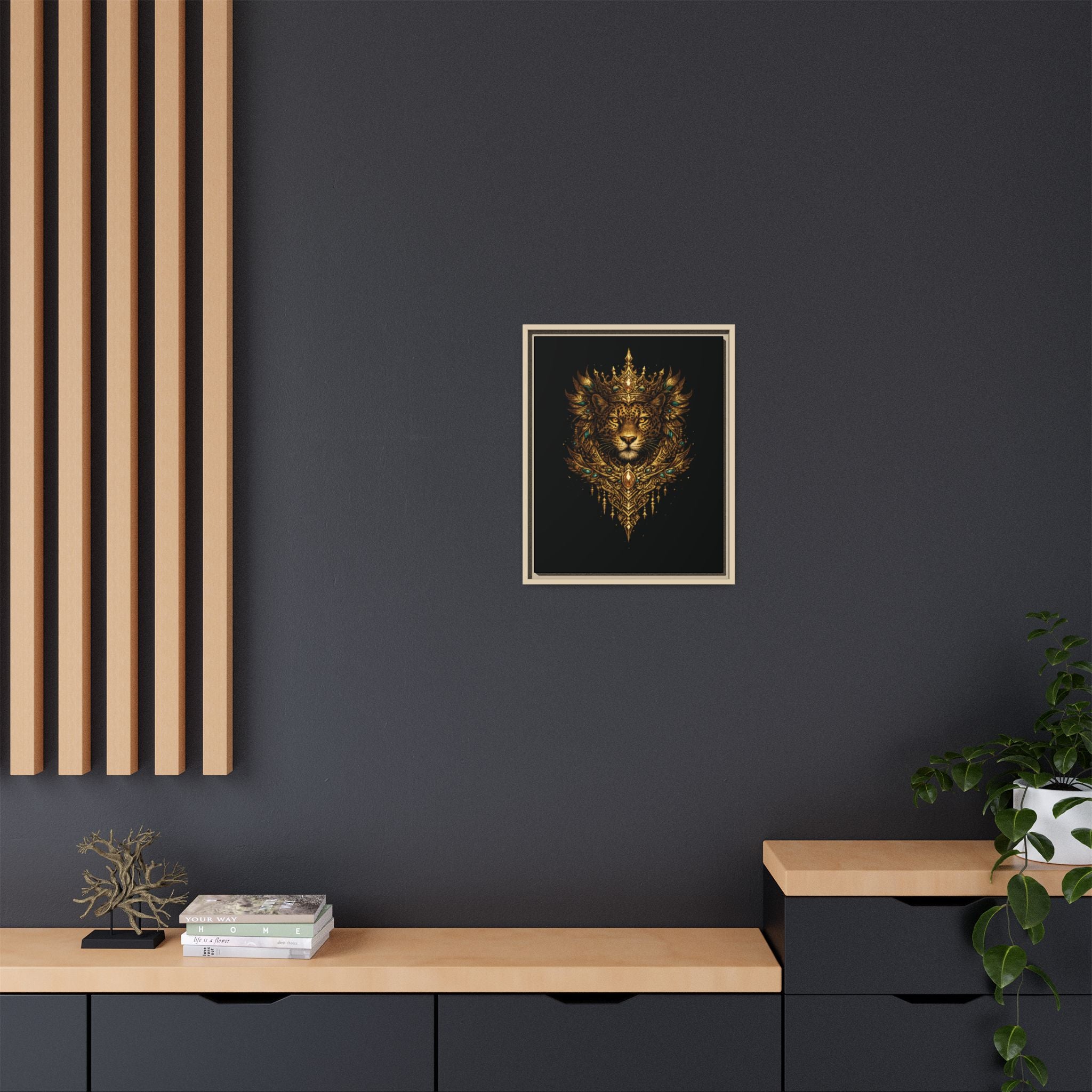 Golden Crowned Jaguar Canvas Art — Gold Crowned Lion Matte Framed Print