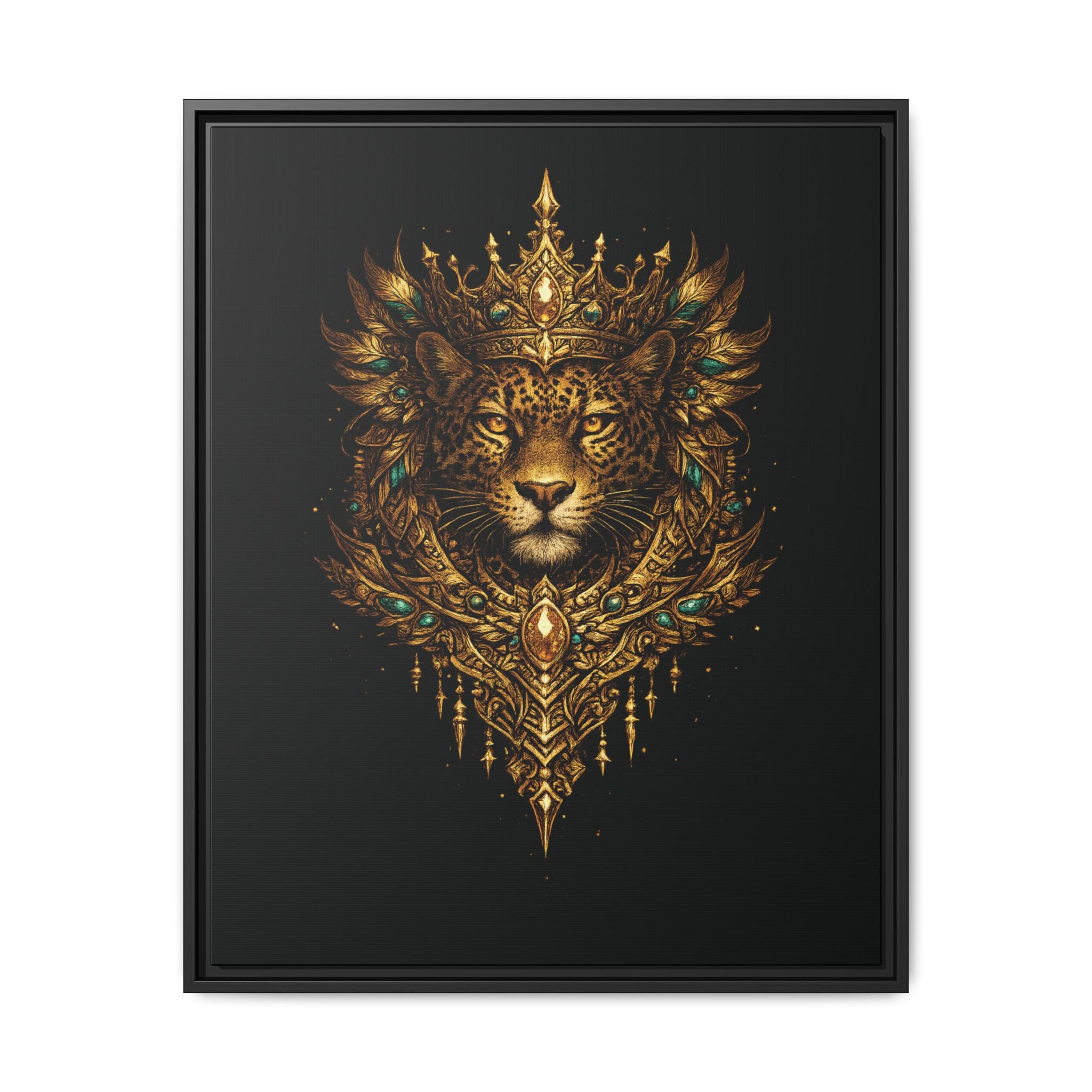 Golden Crowned Jaguar Canvas Art — Gold Crowned Lion Matte Framed Print