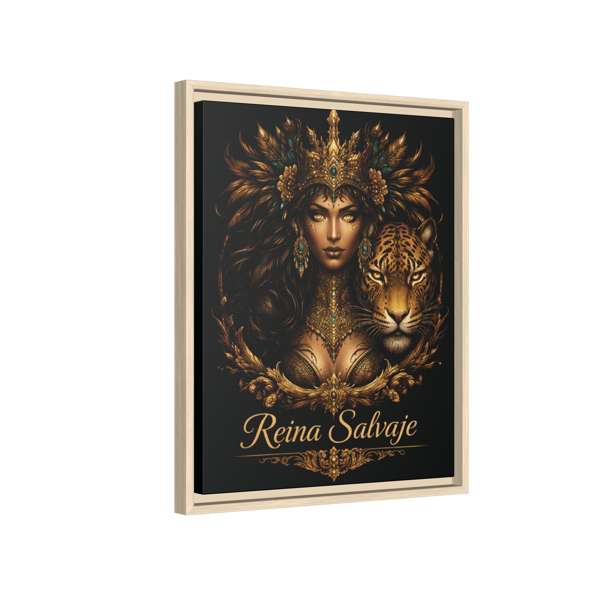 Reina Salvaje Matte Framed Canvas Art — Golden Goddess & Tiger Wall Decor