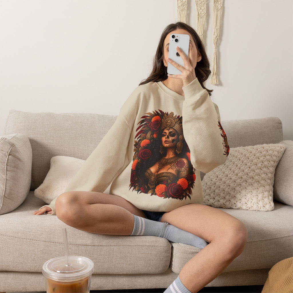 Reina Azteca: Entre Rosas y Cempasúchil | Unisex Heavy Blend™ Crewneck Sweatshirt