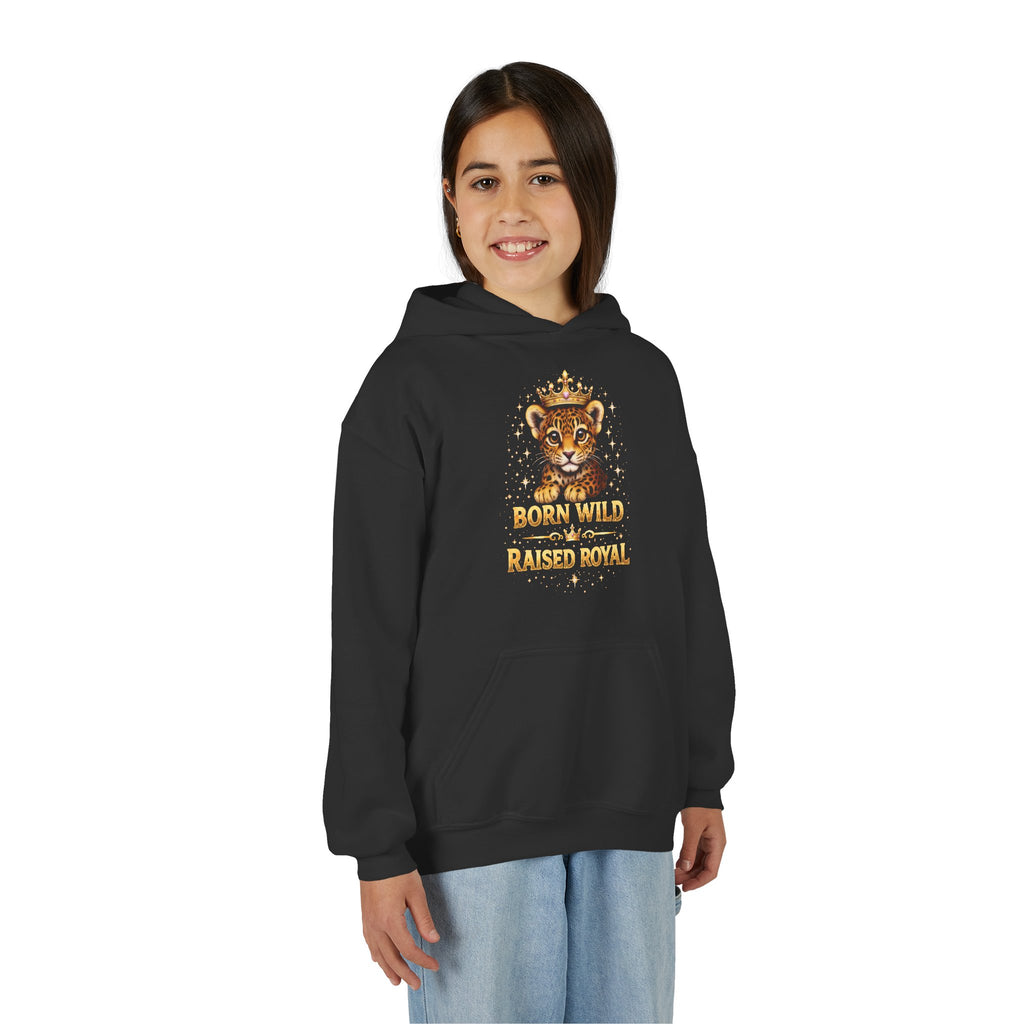 Youth Hoodie — 'Born Wild Raised Royal' Crowned Jaguar Graphic