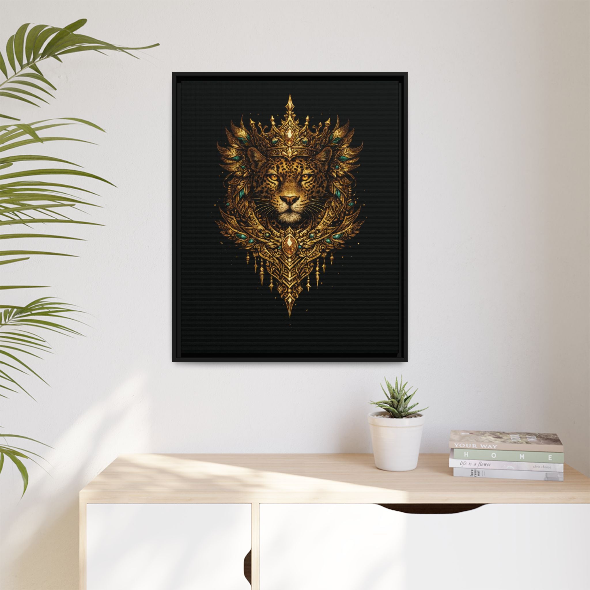 Golden Crowned Jaguar Canvas Art — Gold Crowned Lion Matte Framed Print