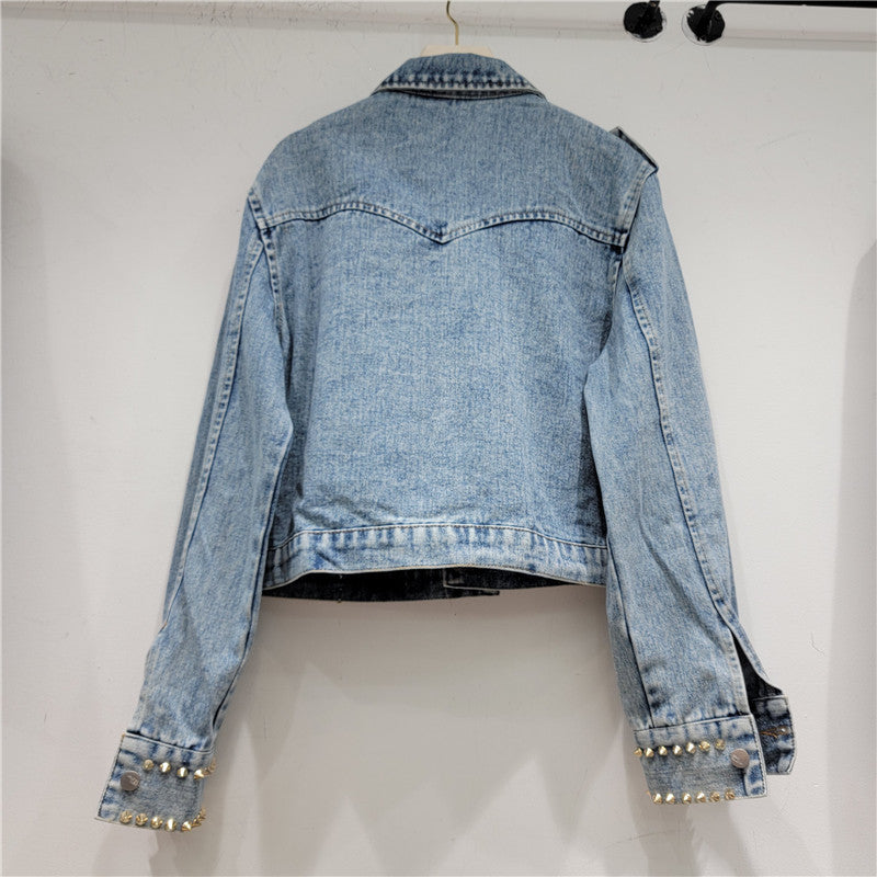 Heavy Handmade Design Rhinestone Beaded Slimming All-Matching Short Denim Jacket Women Jean Jacket Trendy Fall New Clothes