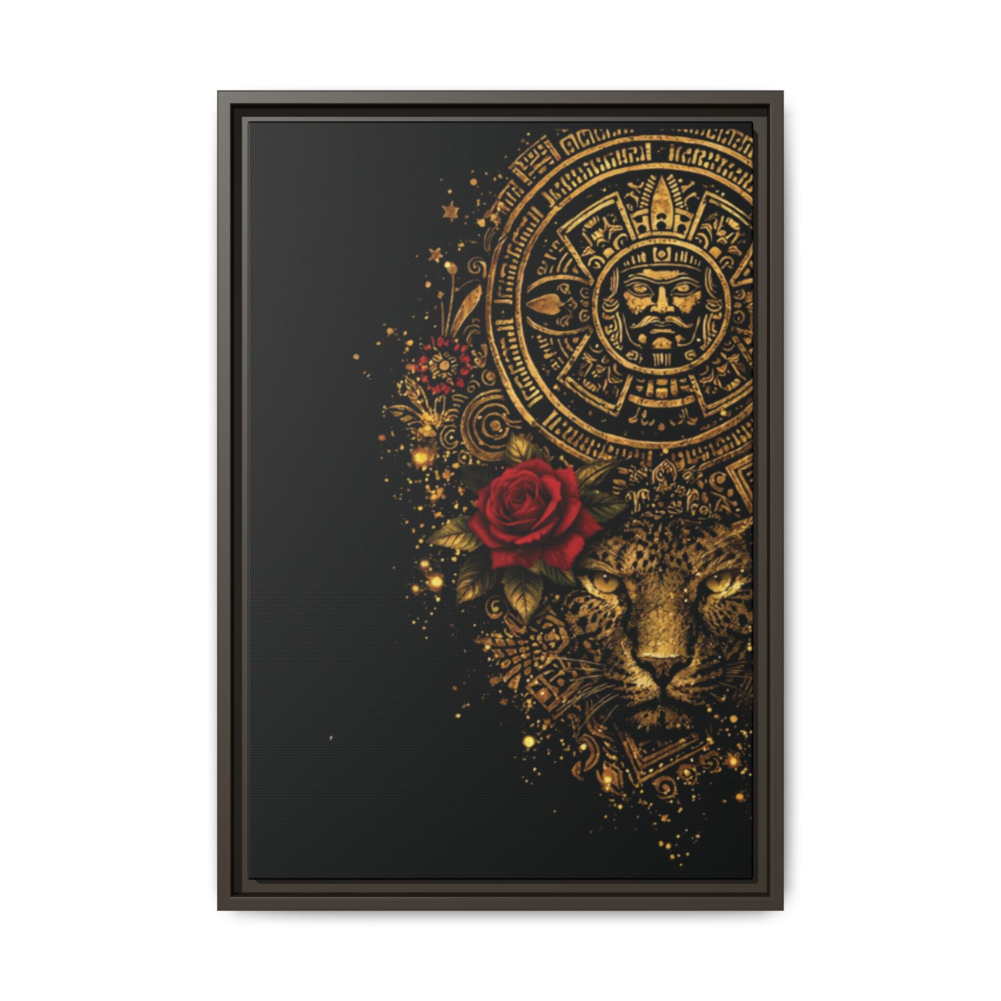 Reina Azteca Art Print — Framed Matte Canvas with Red Rose