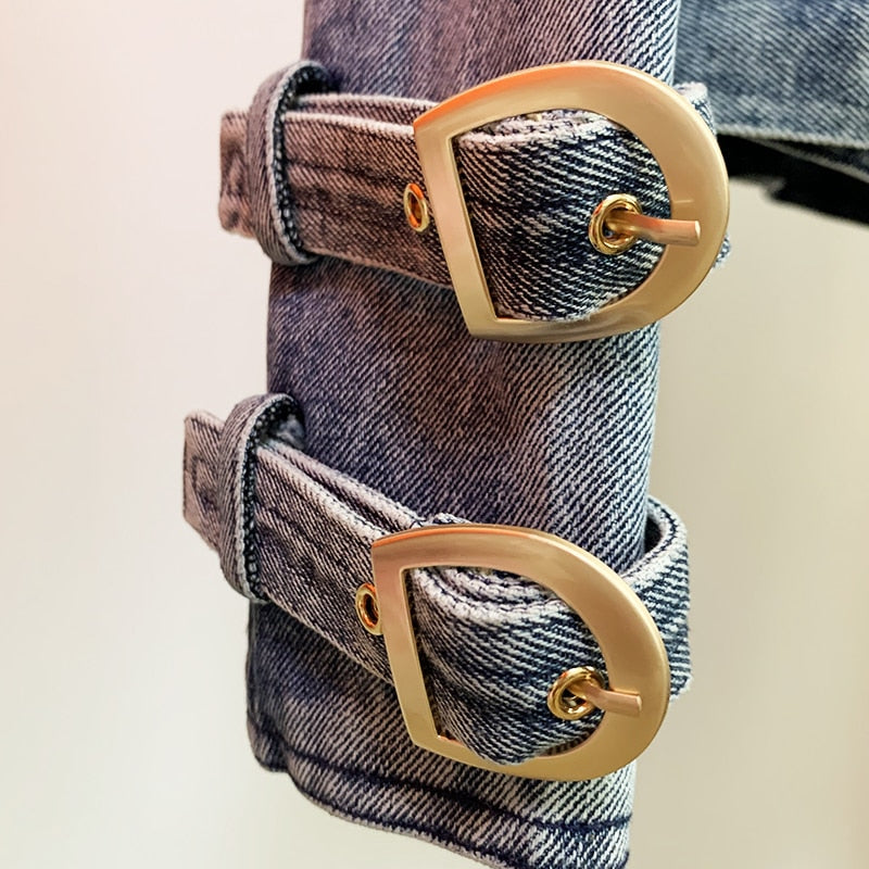HIGH QUALITY Newest Designer Fashion Designer Jackets Women's Zippers Lion Buttons Biker Denim Motorcycle Jacket