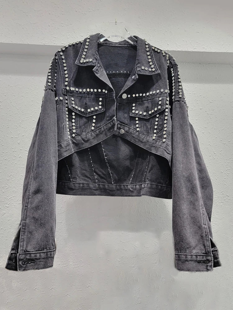 Women's Denim Jackets Long Sleeve Irregular Diamonds Single Breasted Loose Washed Coats  Autumn New Fashion