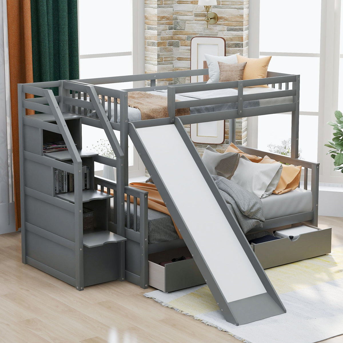 Bunk Bed with Storage Staircase, Slide & Desk - Twin or Full - Dark Gray or White