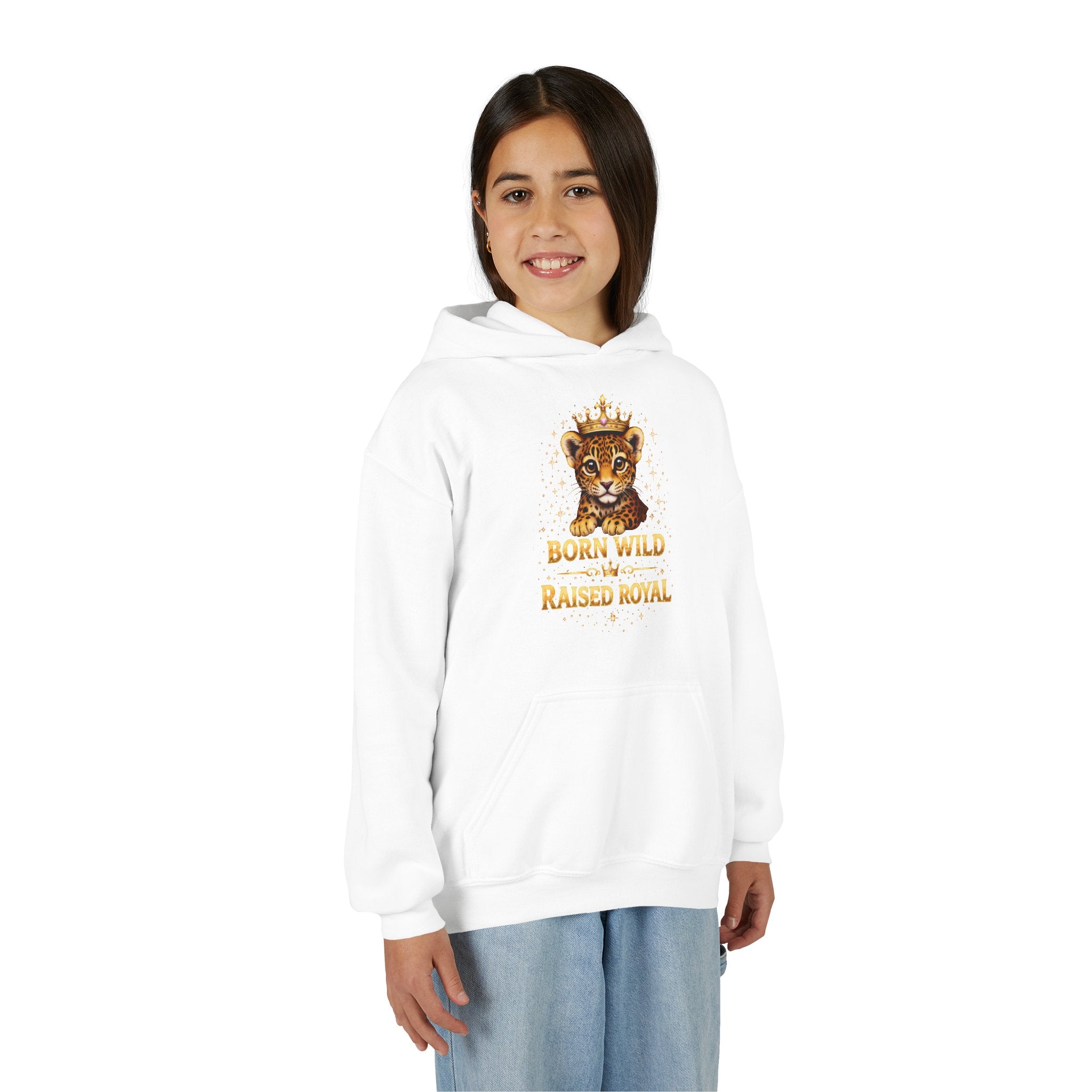 Youth Hoodie — 'Born Wild Raised Royal' Crowned Jaguar Graphic