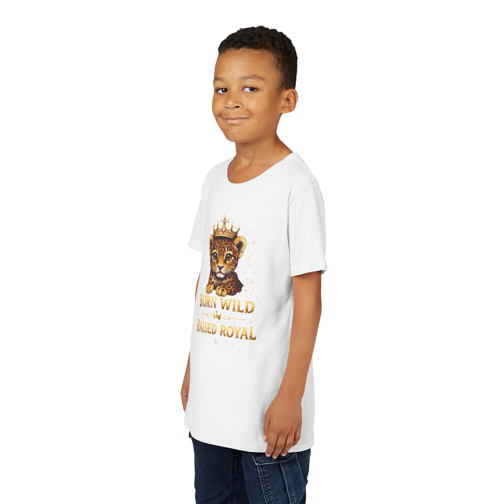 Youth Tee — "Born Wild Raised Royal" Crowned Jaguar Cub Kids T-Shirt