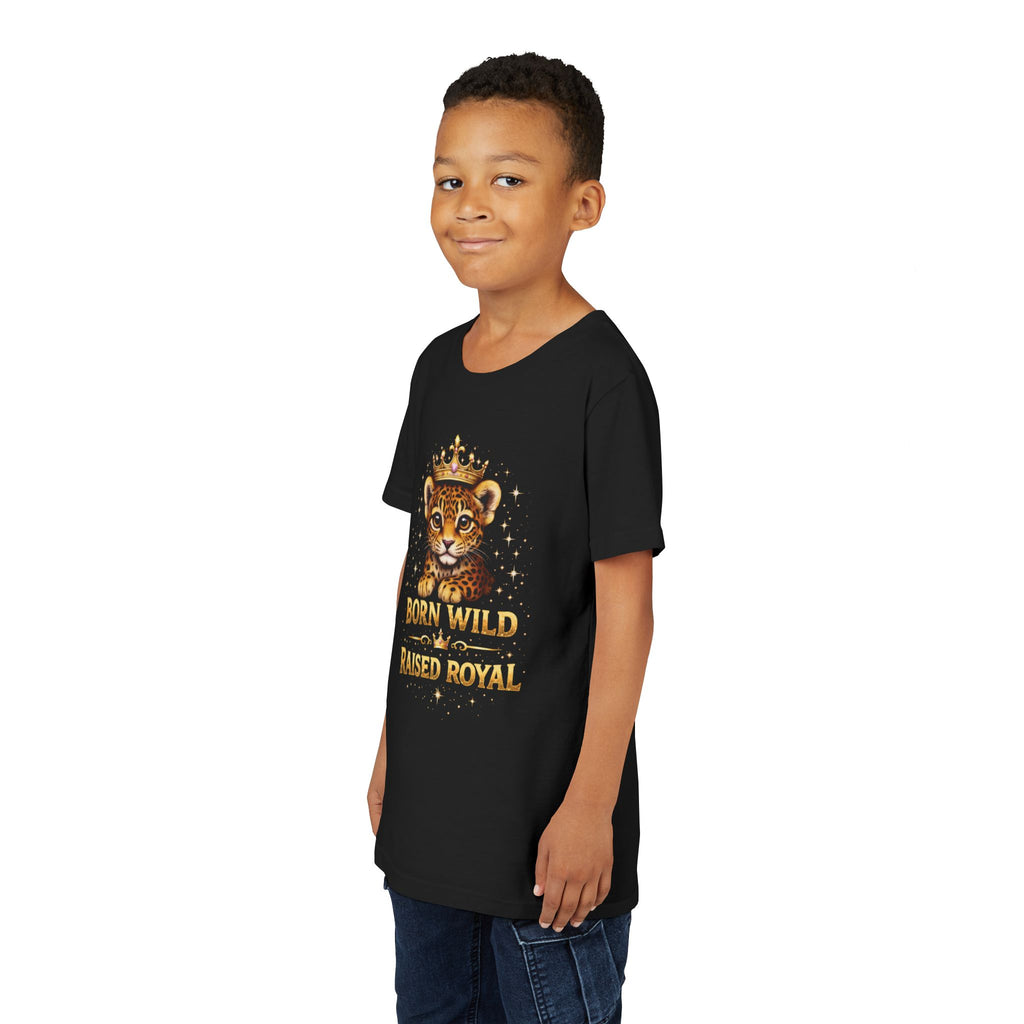 Youth Tee — "Born Wild Raised Royal" Crowned Jaguar Cub Kids T-Shirt