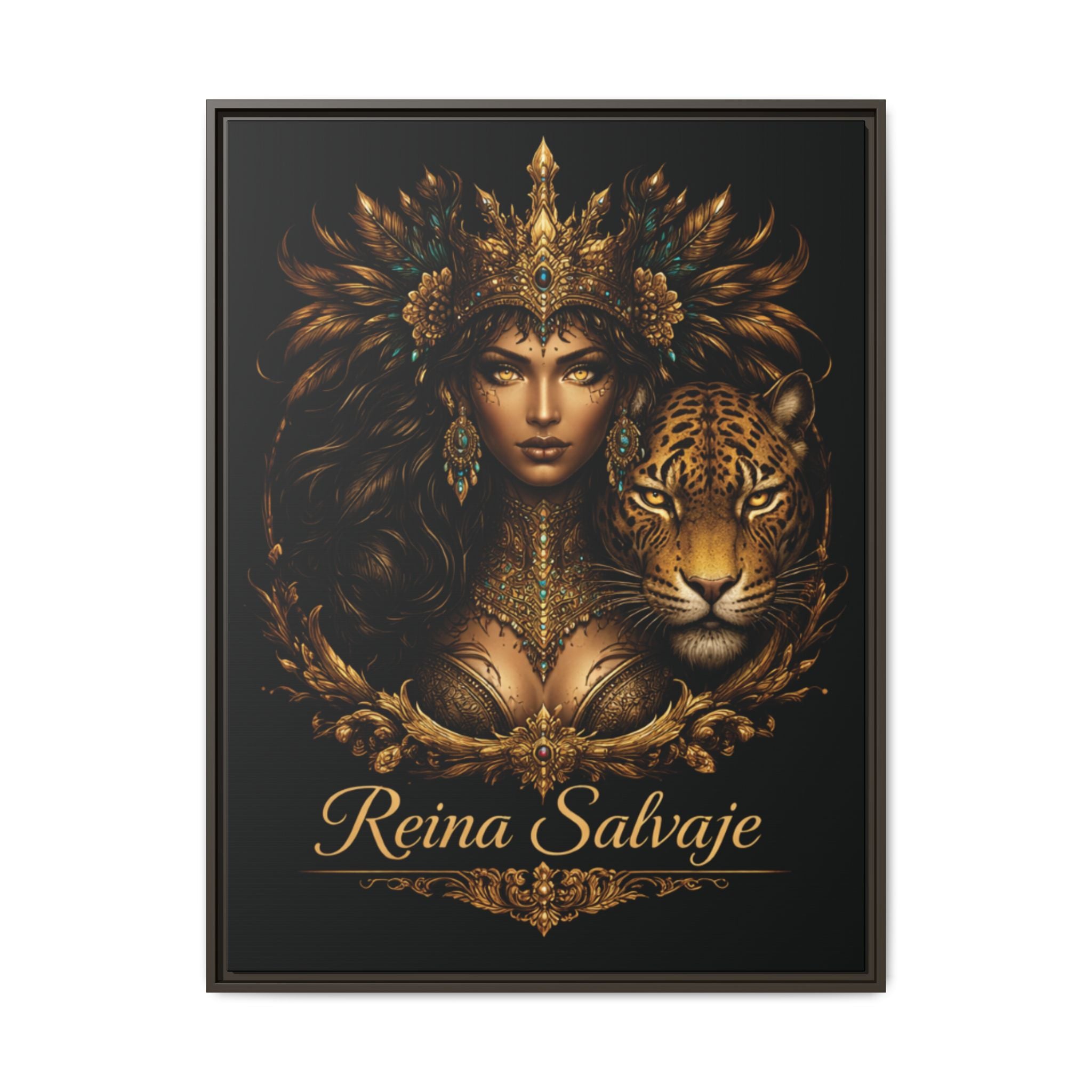 Reina Salvaje Matte Framed Canvas Art — Golden Goddess & Tiger Wall Decor
