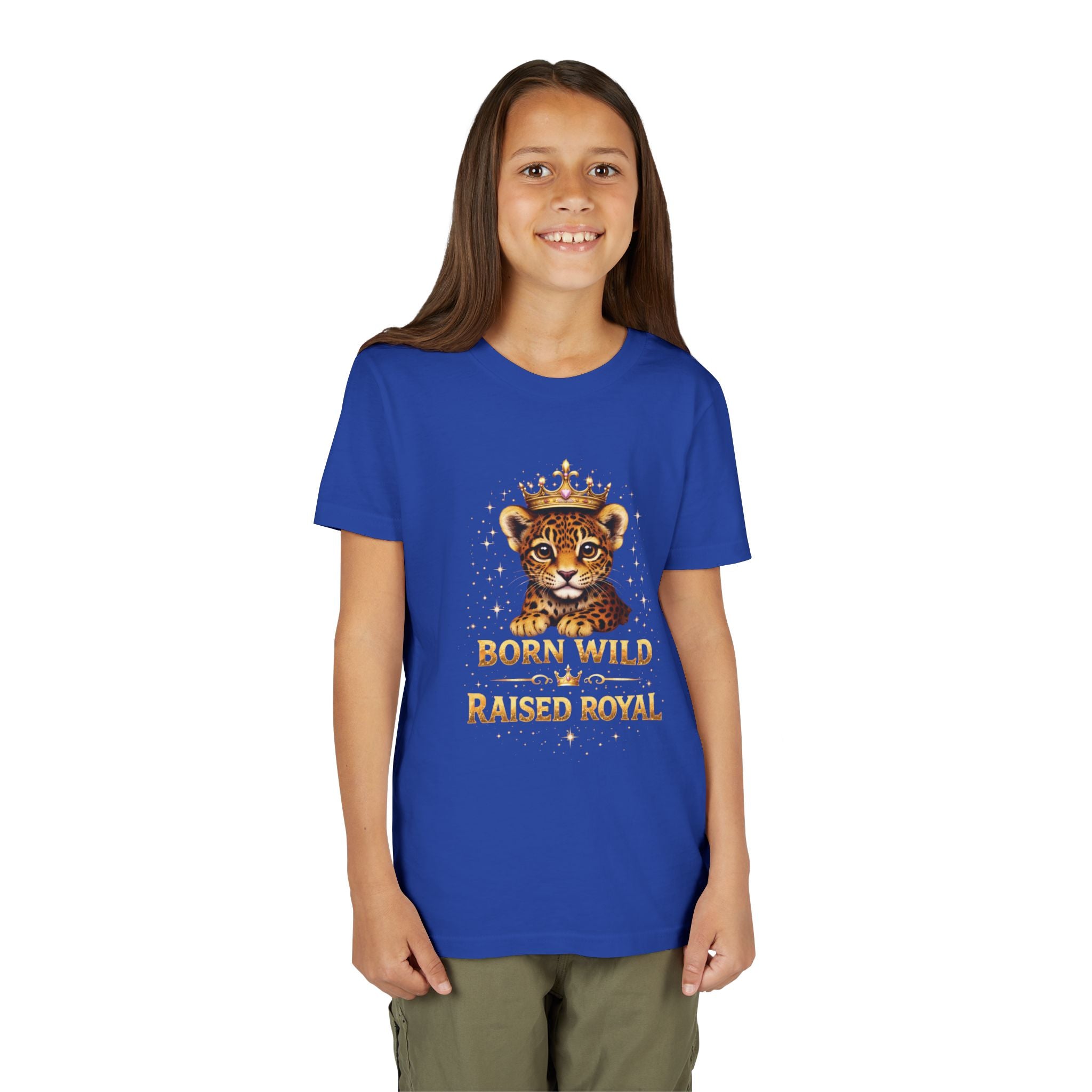Youth Tee — "Born Wild Raised Royal" Crowned Jaguar Cub Kids T-Shirt