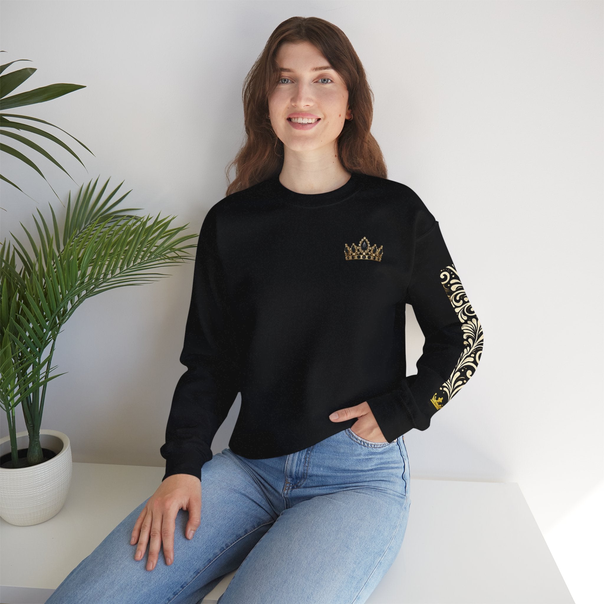 Goddess Era Crown sweatshirt |Black crewneck with gold crown and Talavera sleeve