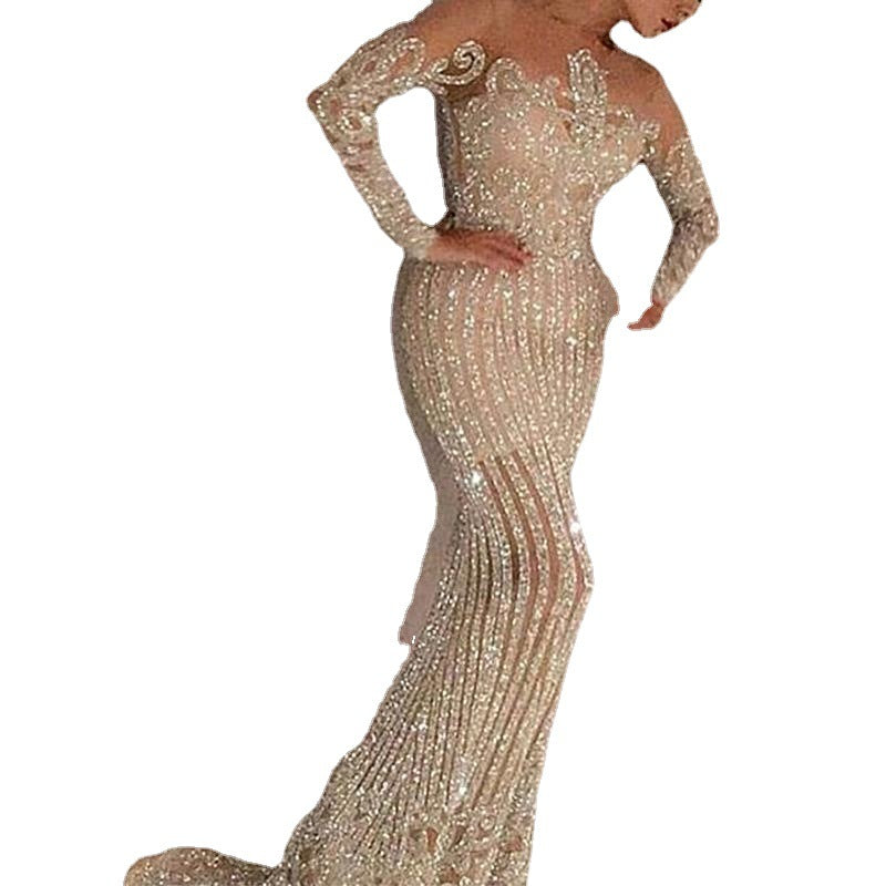 Long skirt mid waist temperament commuting gold sequins solid color chest wrap stretch gold slimming dress