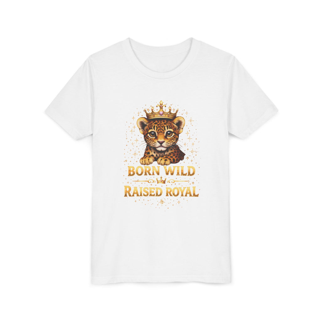 Youth Tee — "Born Wild Raised Royal" Crowned Jaguar Cub Kids T-Shirt