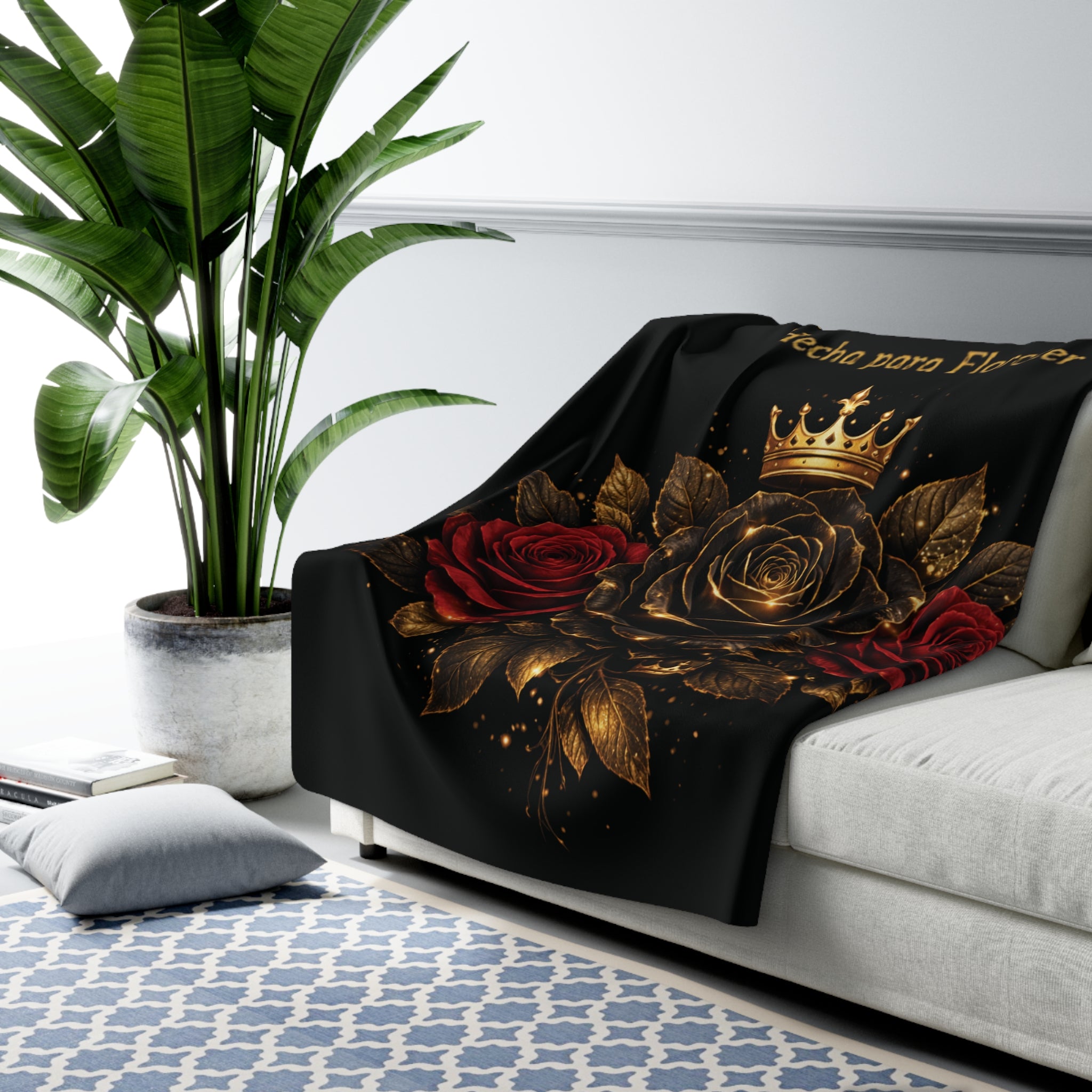 Bloom Like a Queen Sherpa Blanket — Floral Crown Throw with Spanish "Hecha para Florecer"