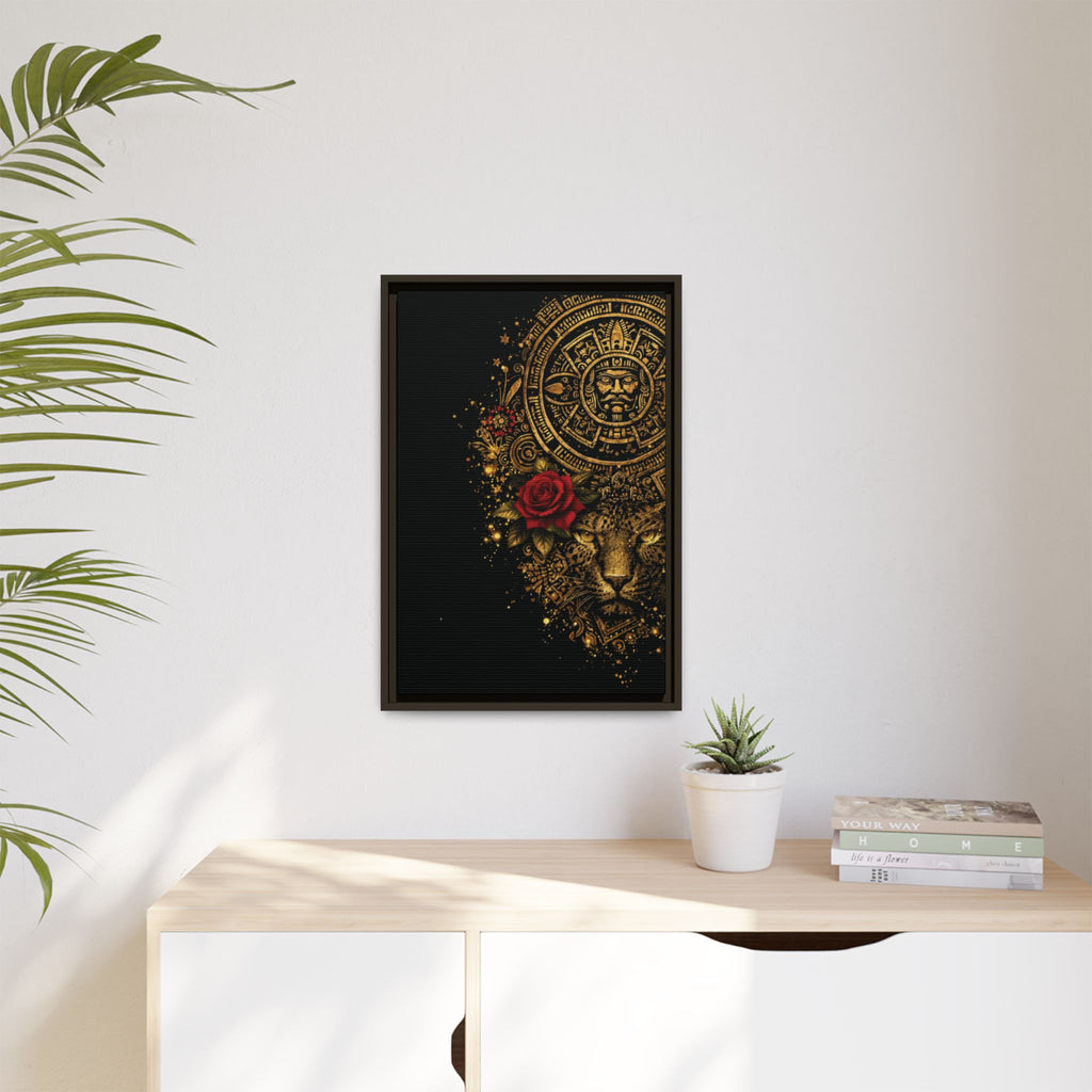 Reina Azteca Art Print — Framed Matte Canvas with Red Rose
